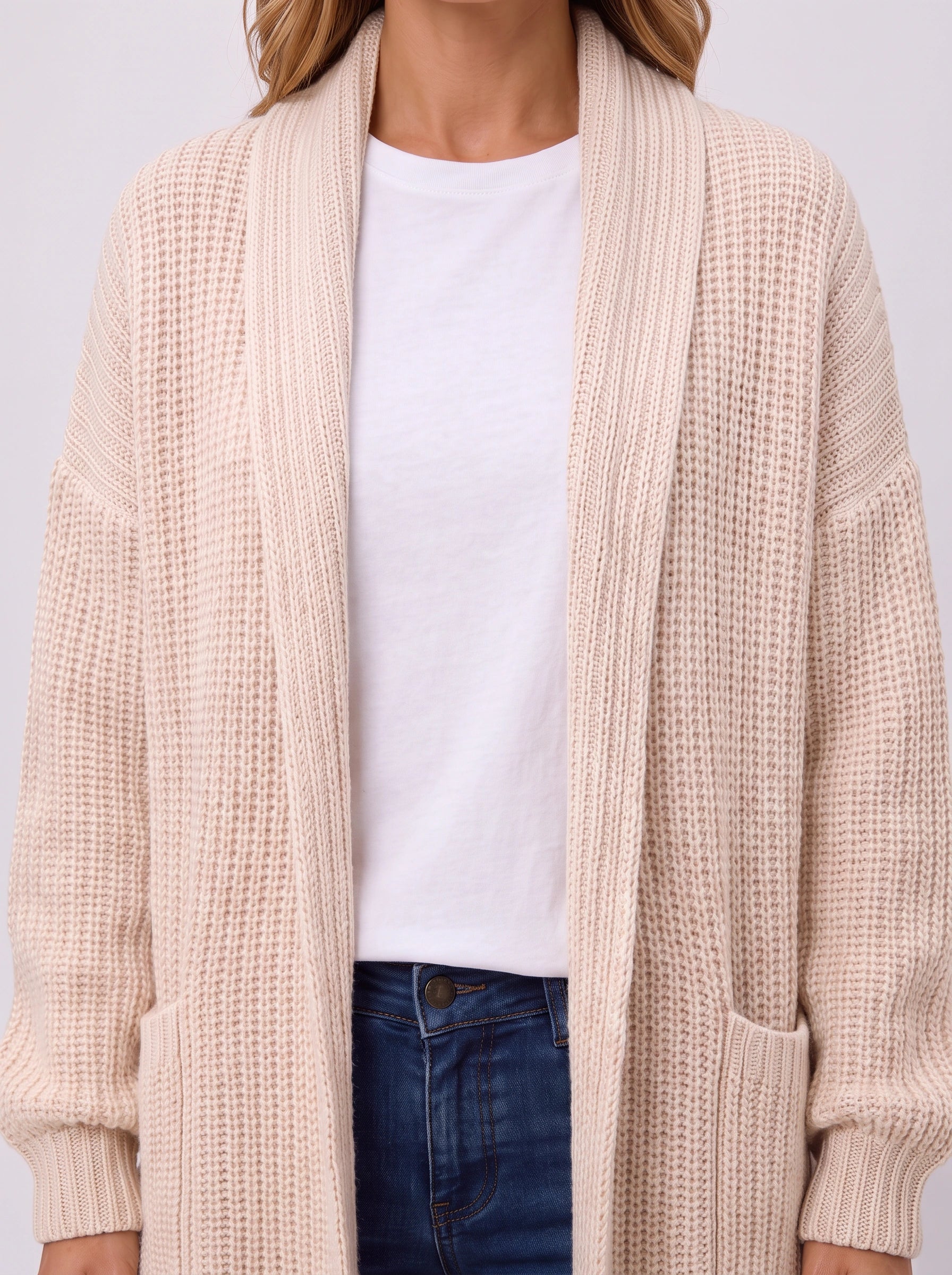 Waffle-knit Open Cardigan – Chunky Knit Longline Cardigan Women Oversized Cozy Casual Long Sleeve Pockets