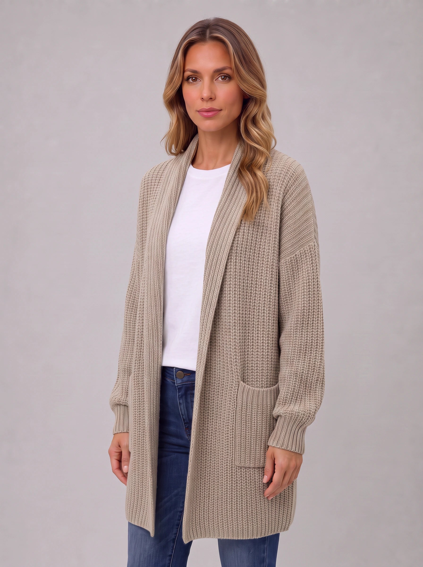 Waffle-knit Open Cardigan – Chunky Knit Longline Cardigan Women Oversized Cozy Casual Long Sleeve Pockets