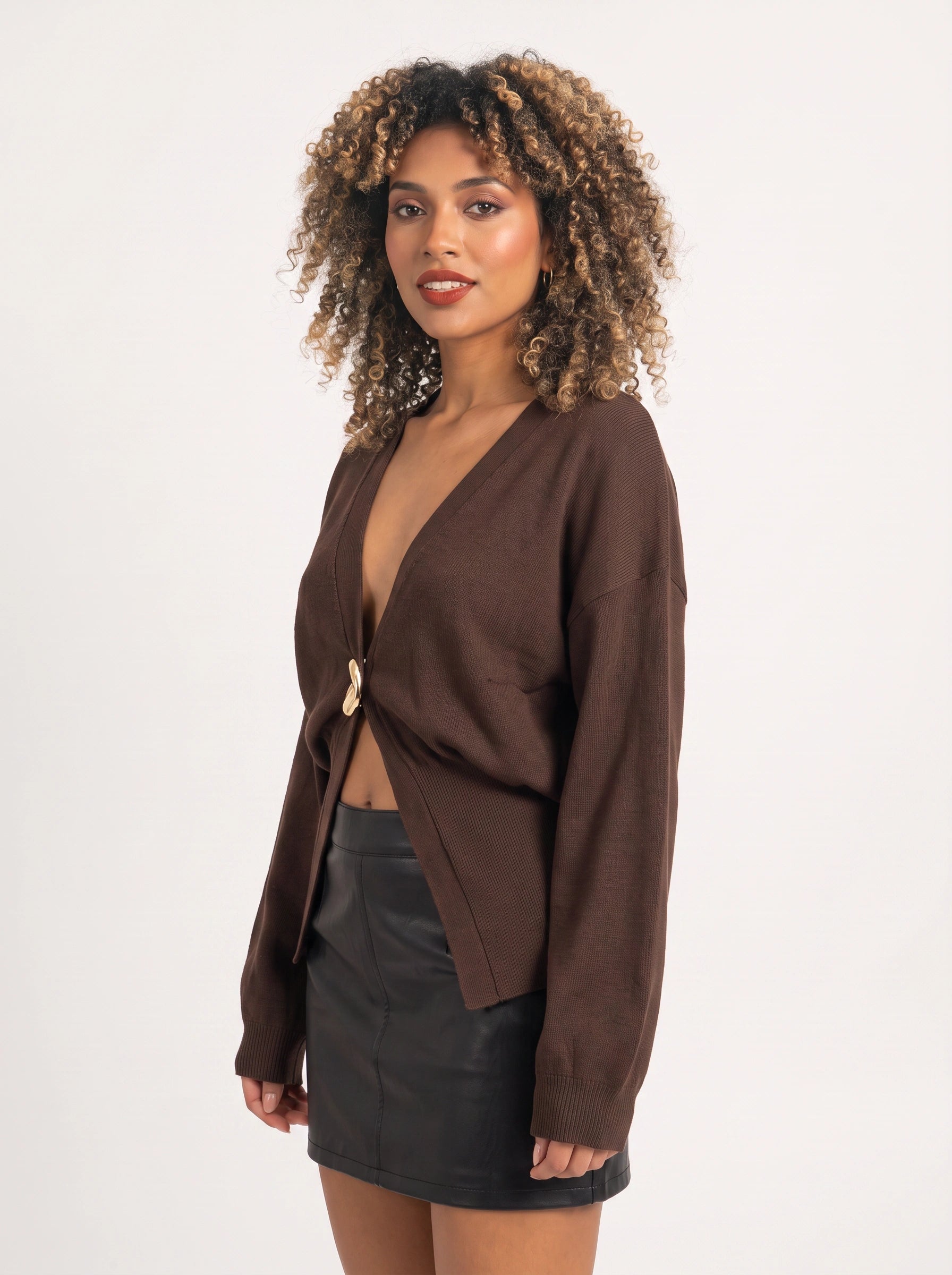 Knotira Deep V Single-Button Cardigan – Knit Cardigan Women Summer Lightweight Gold Button Oversized Cardigan