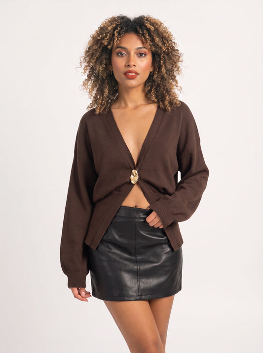 Knotira Deep V Single-Button Cardigan – Knit Cardigan Women Summer Lightweight Gold Button Oversized Cardigan