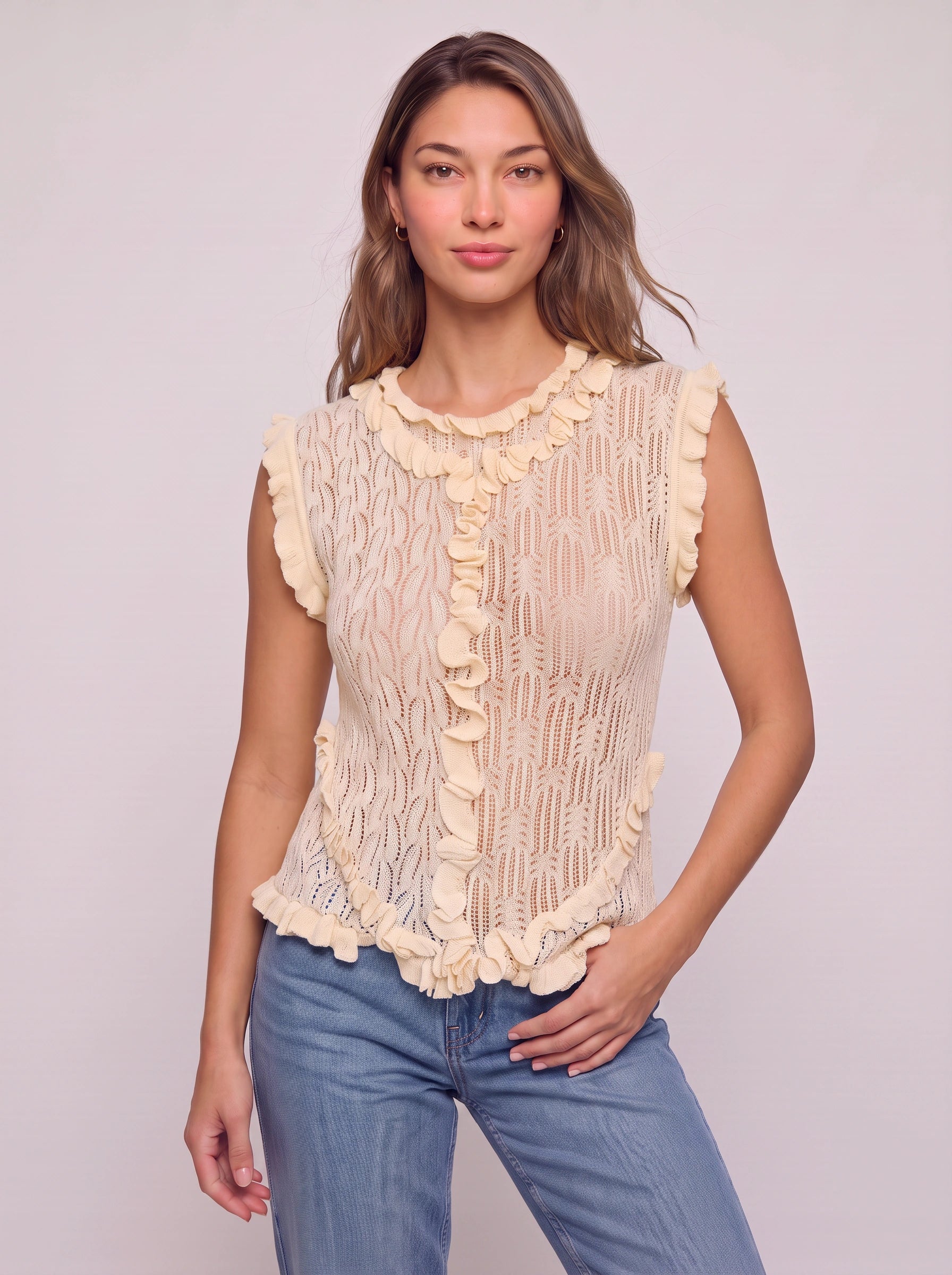 Cremora Ruffle Trim Openwork Knit Top – Crochet Knit Women Summer Sleeveless Boho Casual Feminine Top