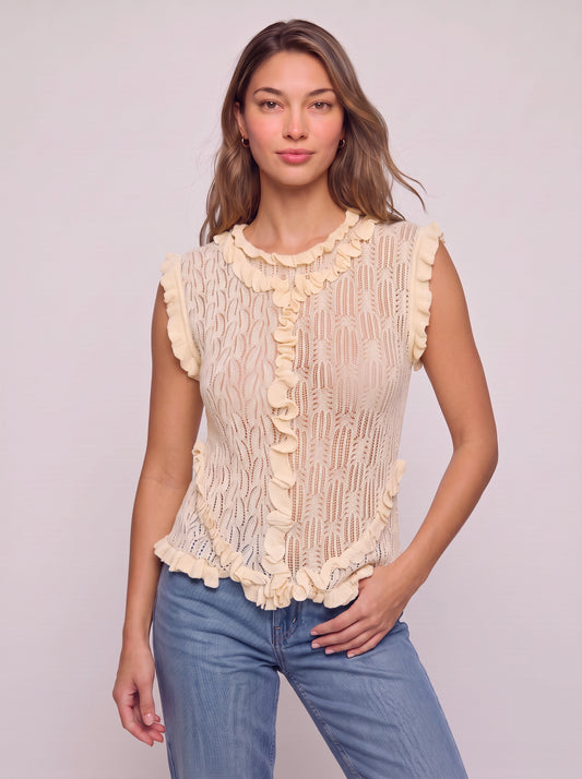 Cremora Ruffle Trim Openwork Knit Top – Crochet Knit Women Summer Sleeveless Boho Casual Feminine Top