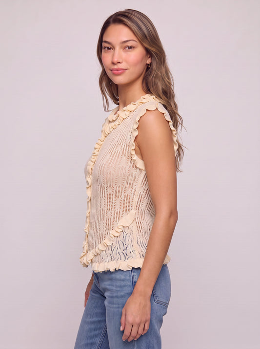 Cremora Ruffle Trim Openwork Knit Top – Crochet Knit Women Summer Sleeveless Boho Casual Feminine Top