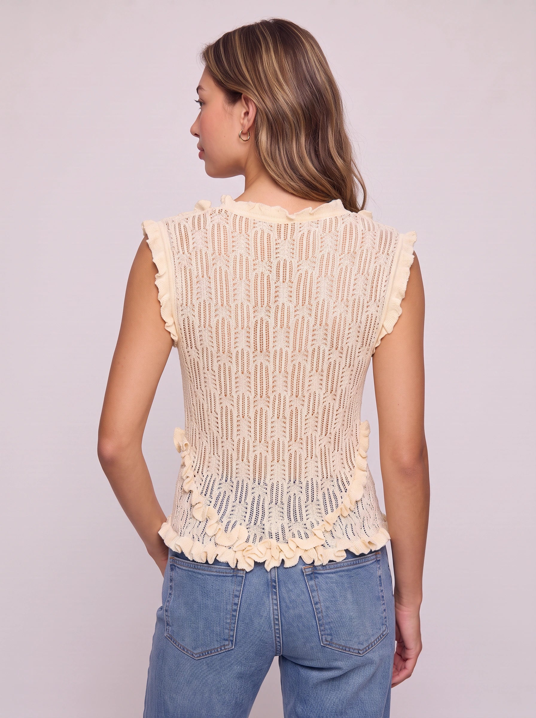 Cremora Ruffle Trim Openwork Knit Top – Crochet Knit Women Summer Sleeveless Boho Casual Feminine Top