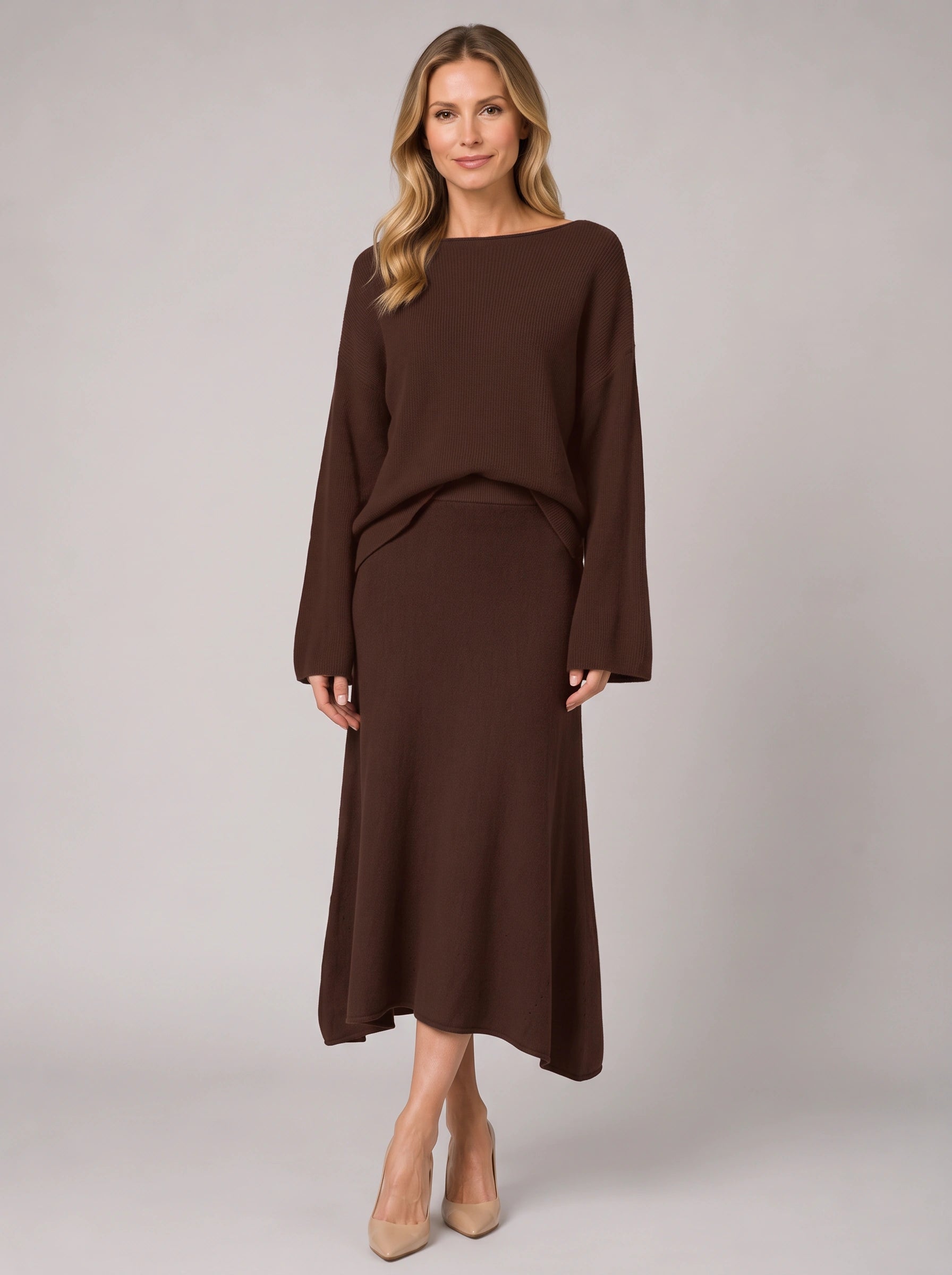 Cashmira Knit Sweater Midi Skirt Co-Ord Set – Women Two Piece Outfit Loungewear Matching Knit Set