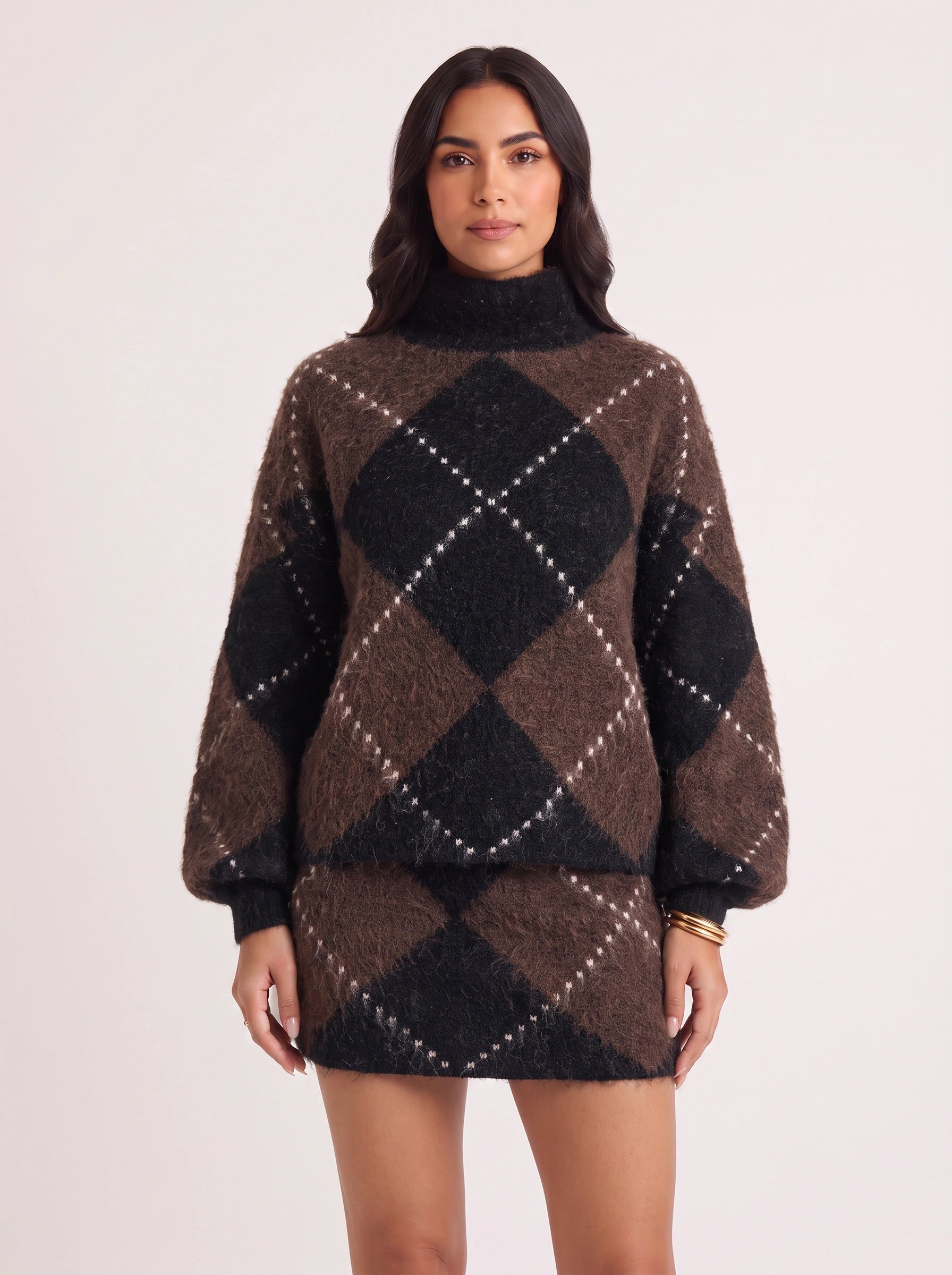 Rombia Argyle Turtleneck Sweater Dress – Mini Dress Women Knit Wool Blend Long Sleeve Oversized Sweater