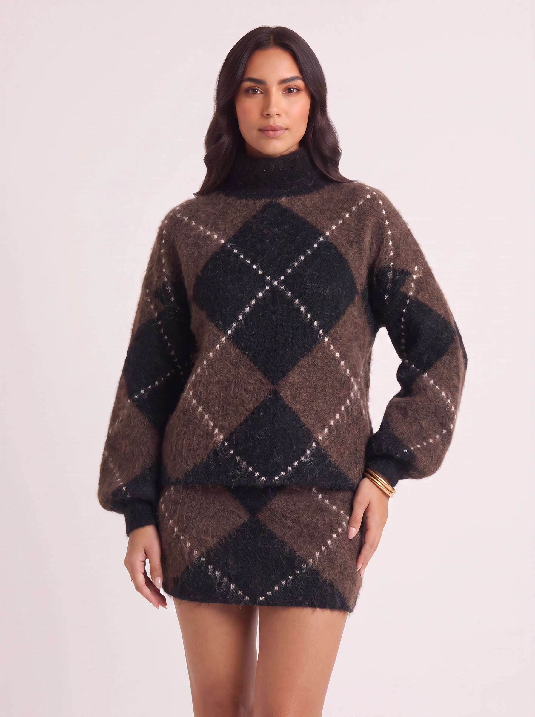 Rombia Argyle Turtleneck Sweater Dress – Mini Dress Women Knit Wool Blend Long Sleeve Oversized Sweater