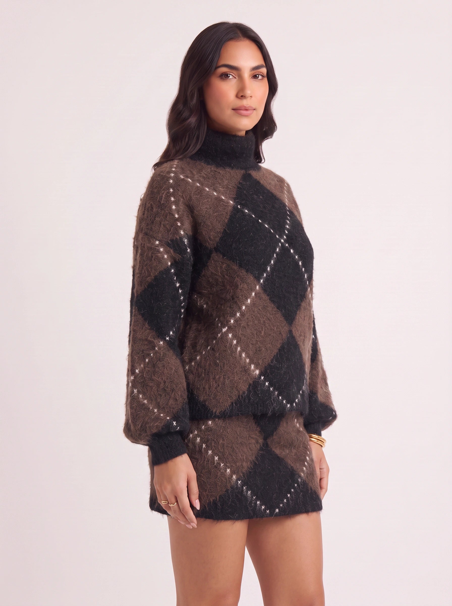 Rombia Argyle Turtleneck Sweater Dress – Mini Dress Women Knit Wool Blend Long Sleeve Oversized Sweater
