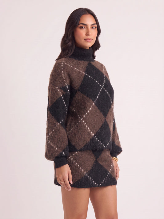 Rombia Argyle Turtleneck Sweater Dress – Mini Dress Women Knit Wool Blend Long Sleeve Oversized Sweater