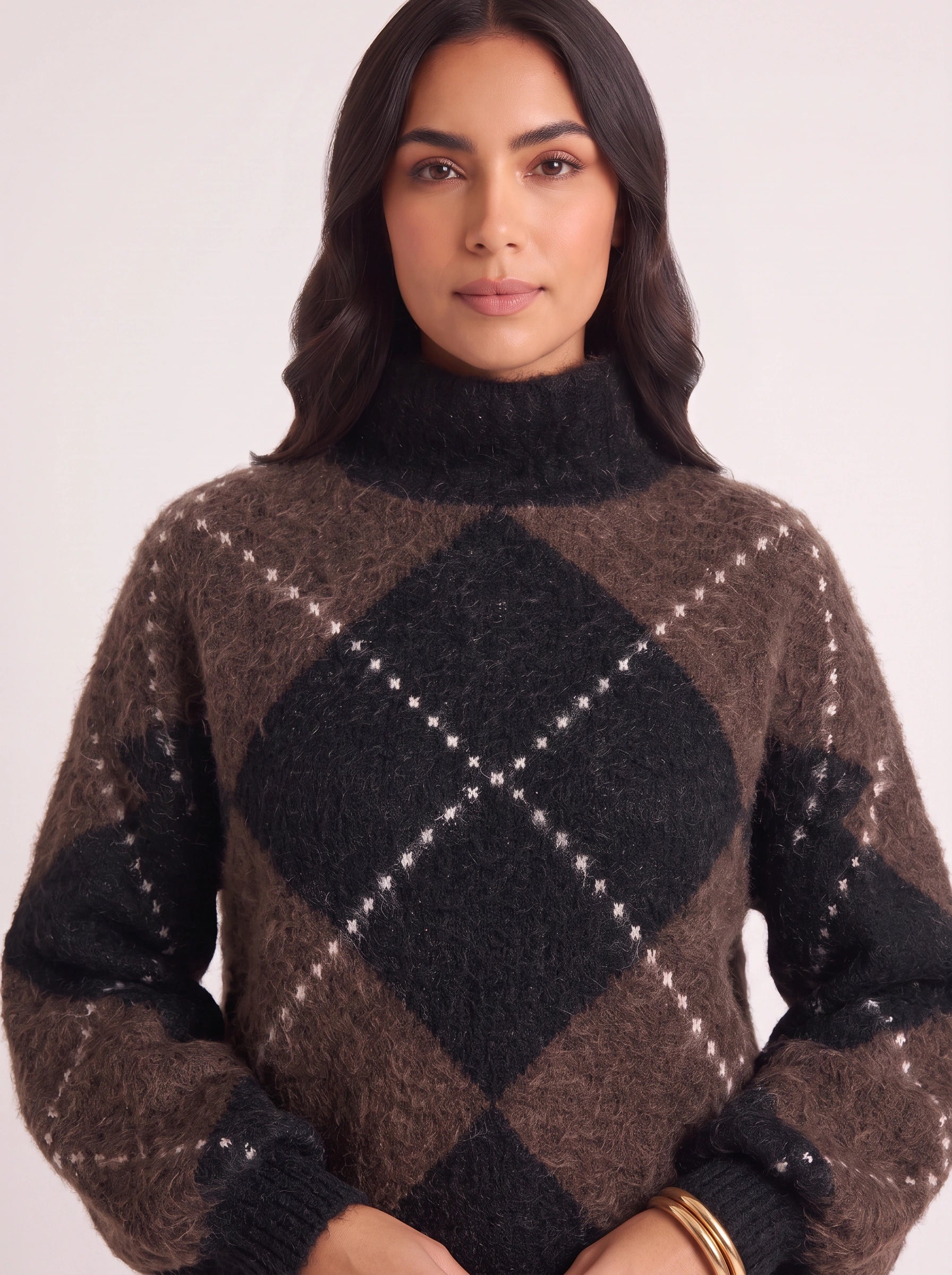 Rombia Argyle Turtleneck Sweater Dress – Mini Dress Women Knit Wool Blend Long Sleeve Oversized Sweater