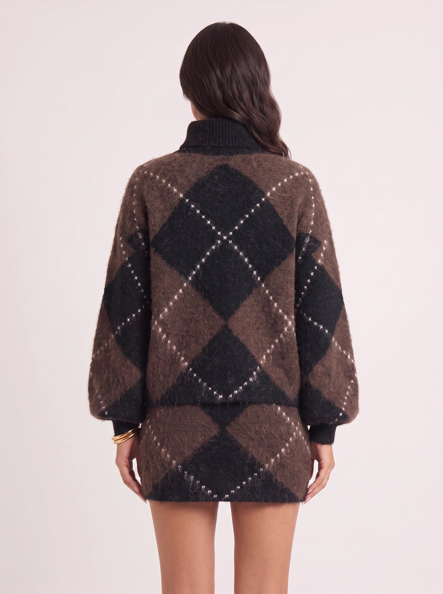 Rombia Argyle Turtleneck Sweater Dress – Mini Dress Women Knit Wool Blend Long Sleeve Oversized Sweater