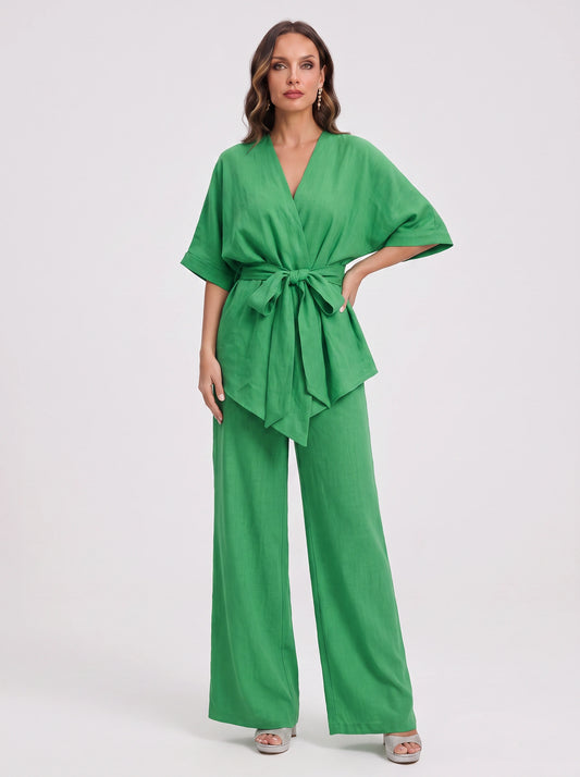 Verdelux Linen Wide-Leg Two Piece Set – Oversized Matching Sets Women Lounge Casual Vacation Ladies Trouser Top Co-Ord
