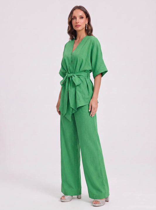 Verdelux Linen Wide-Leg Two Piece Set – Oversized Matching Sets Women Lounge Casual Vacation Ladies Trouser Top Co-Ord