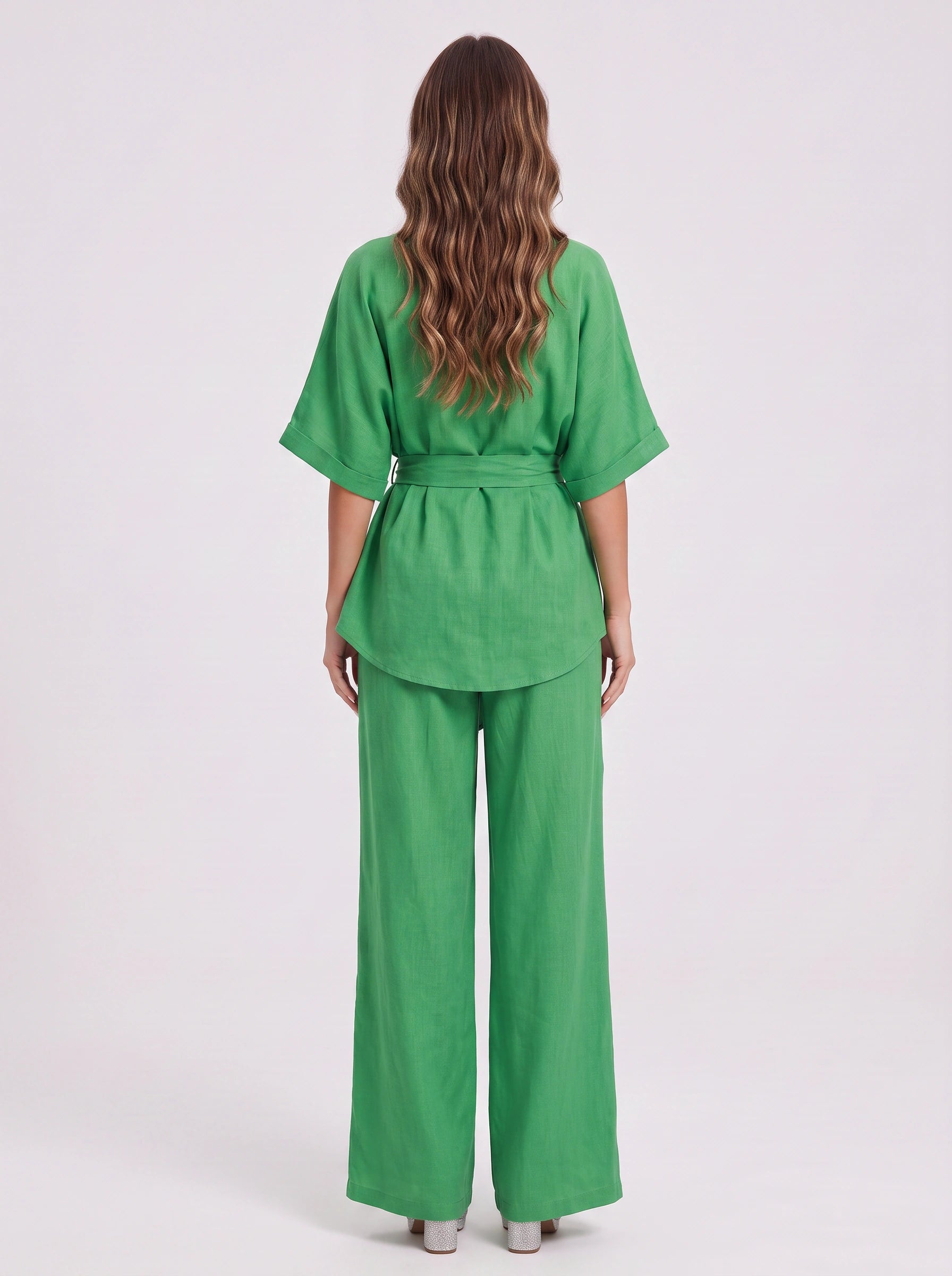 Verdelux Linen Wide-Leg Two Piece Set – Oversized Matching Sets Women Lounge Casual Vacation Ladies Trouser Top Co-Ord