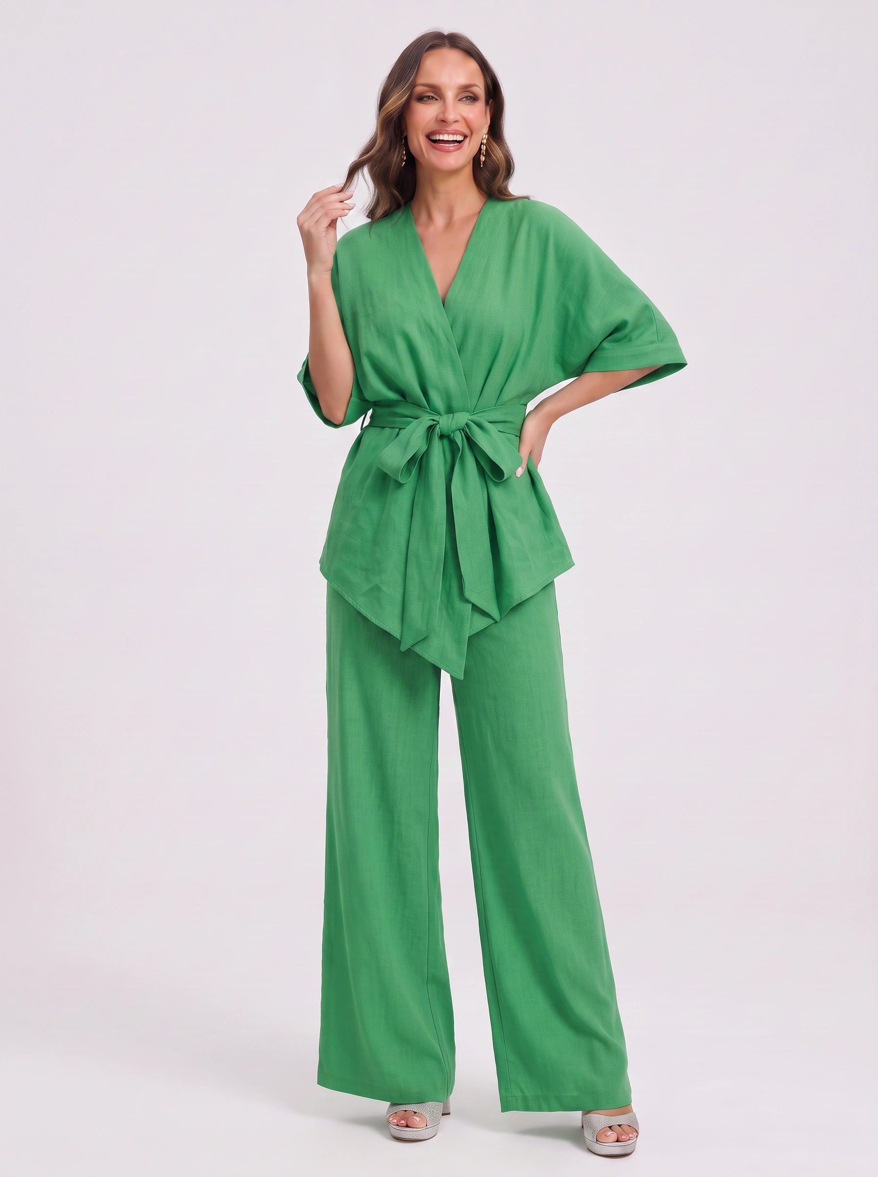 Verdelux Linen Wide-Leg Two Piece Set – Oversized Matching Sets Women Lounge Casual Vacation Ladies Trouser Top Co-Ord