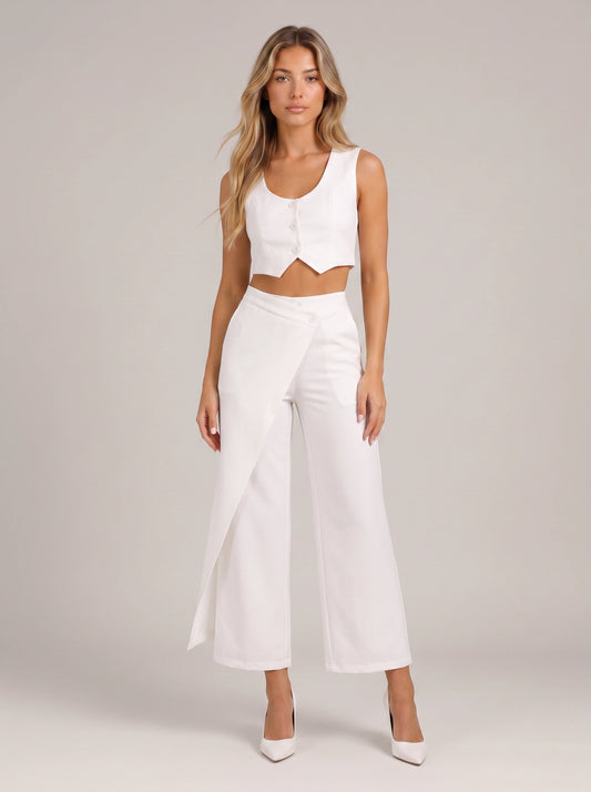 Bivena Crop Vest Trouser Co-Ord Set – Women Two Piece Sets Formal White Wide Leg Pants Loungewear