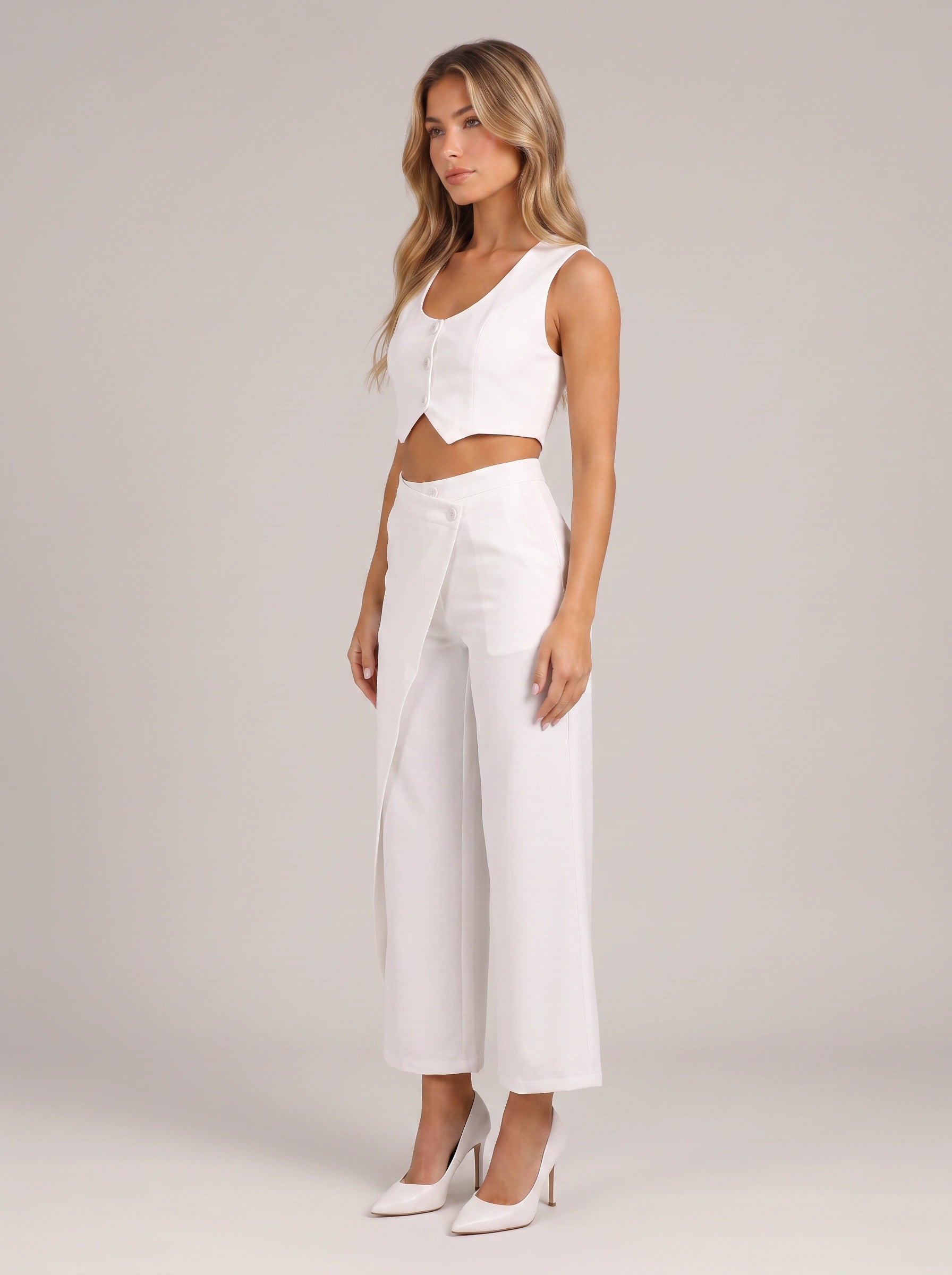 Bivena Crop Vest Trouser Co-Ord Set – Women Two Piece Sets Formal White Wide Leg Pants Loungewear