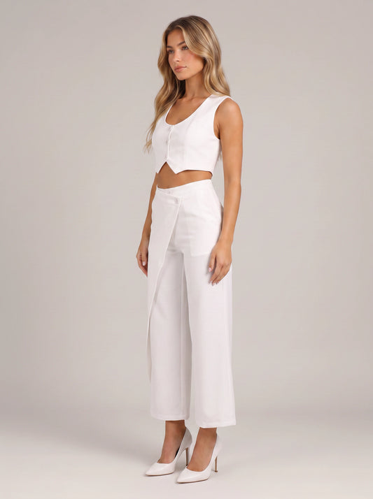 Bivena Crop Vest Trouser Co-Ord Set – Women Two Piece Sets Formal White Wide Leg Pants Loungewear