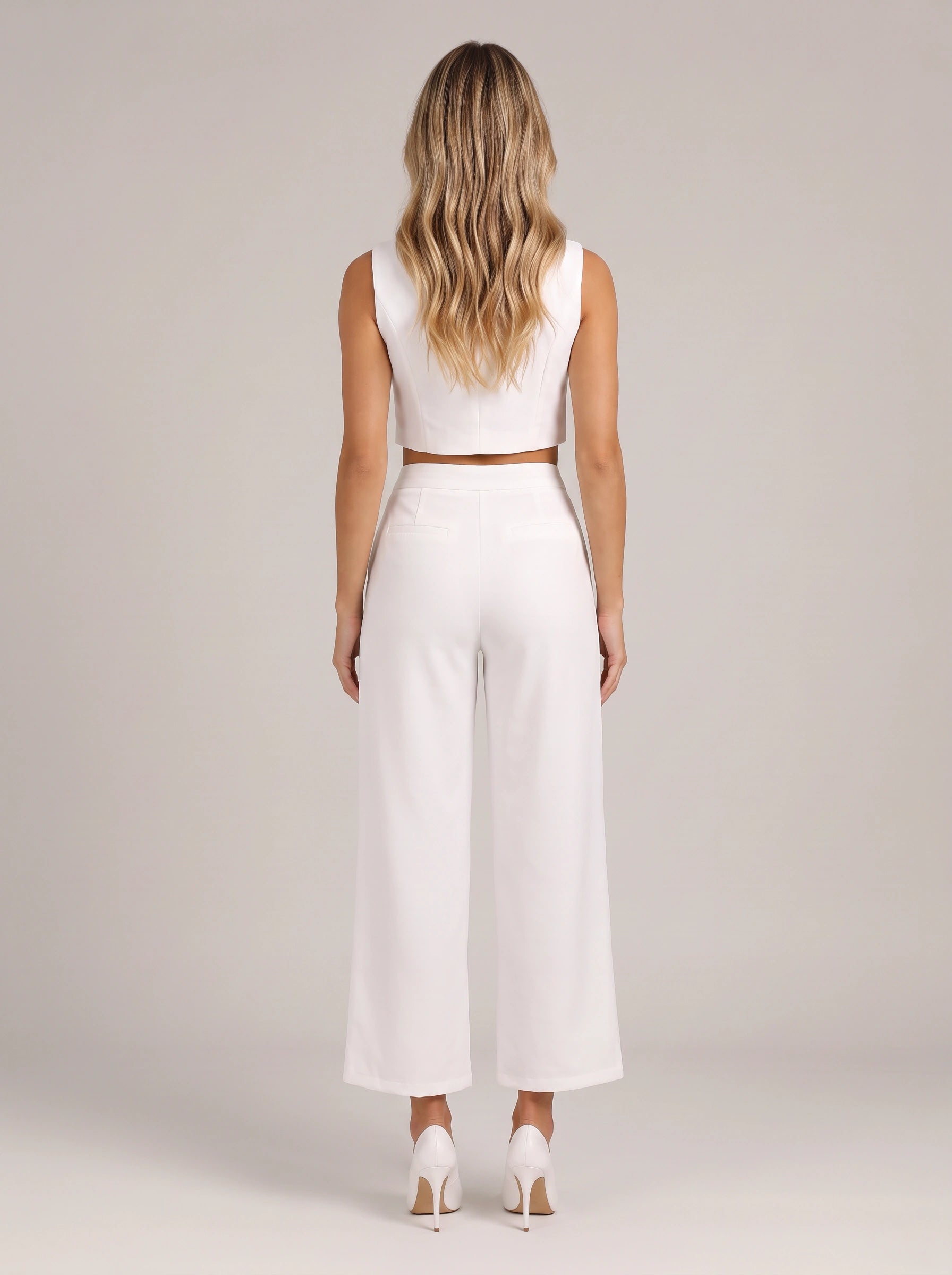 Bivena Crop Vest Trouser Co-Ord Set – Women Two Piece Sets Formal White Wide Leg Pants Loungewear