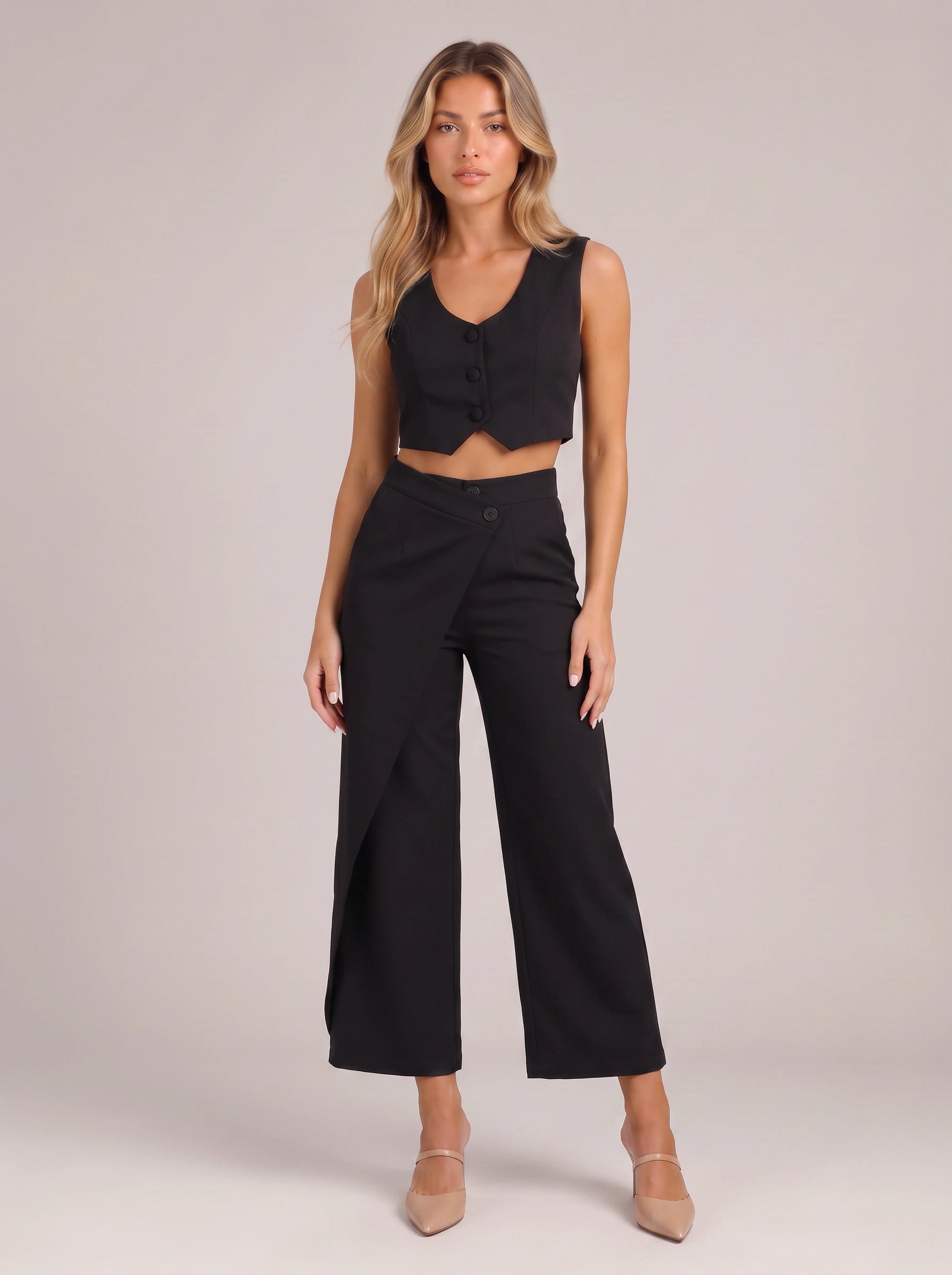 Bivena Crop Vest Trouser Co-Ord Set – Women Two Piece Sets Formal White Wide Leg Pants Loungewear