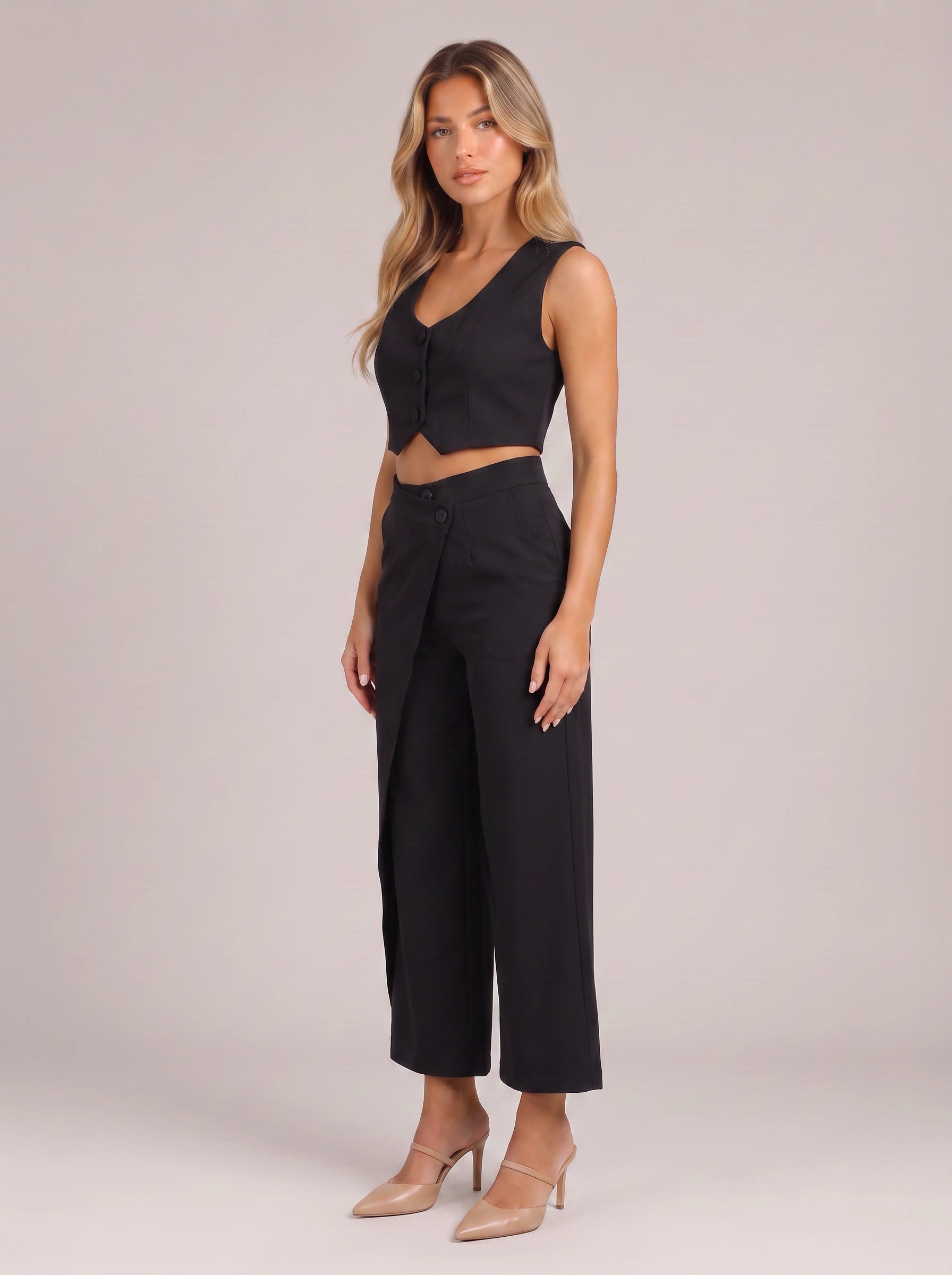 Bivena Crop Vest Trouser Co-Ord Set – Women Two Piece Sets Formal White Wide Leg Pants Loungewear