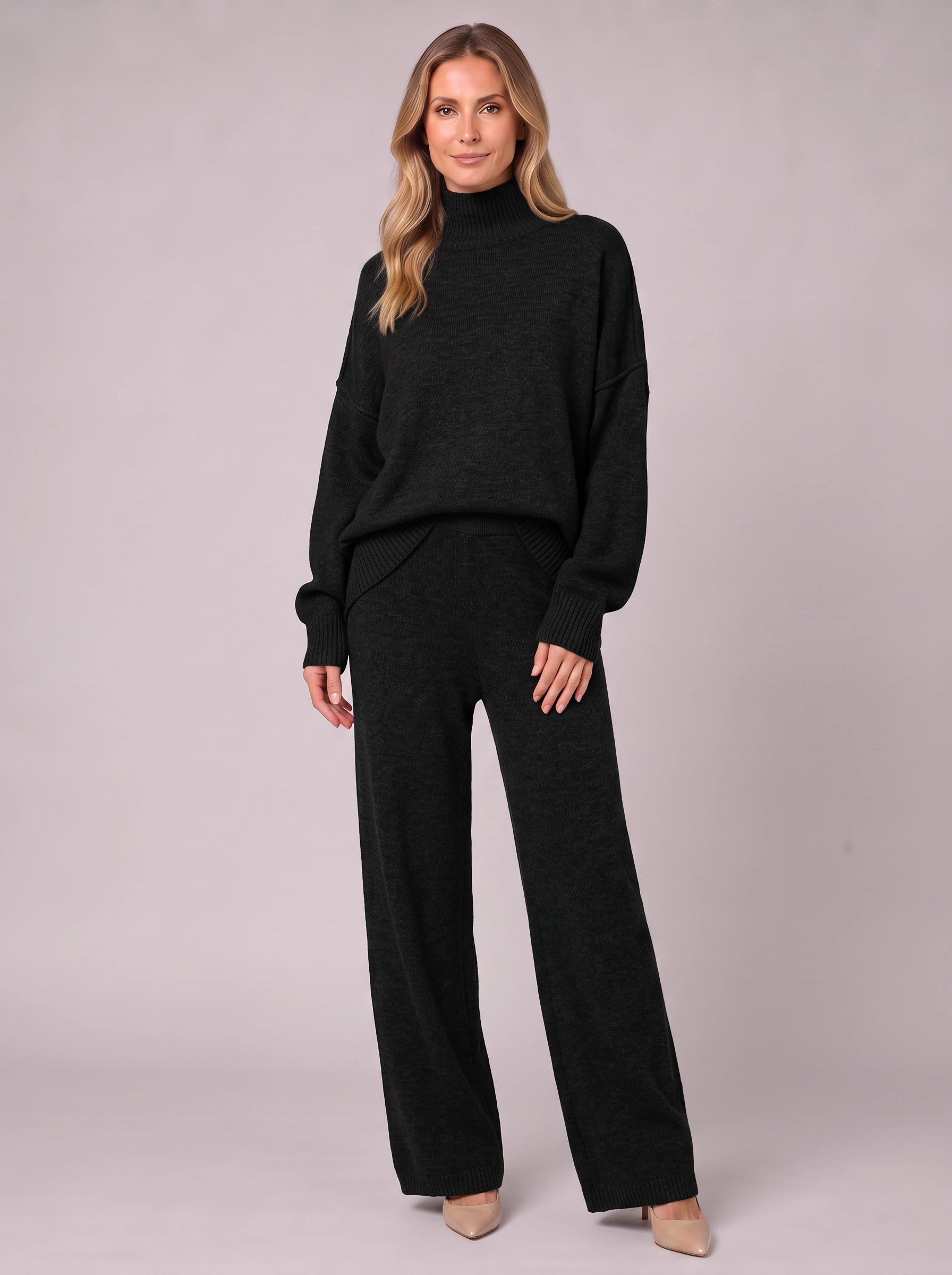 Mastone Turtleneck Wide-Leg Lounge Set – Oversized Chunky Knit Two Piece Women Sweater Pants Co-Ord Set