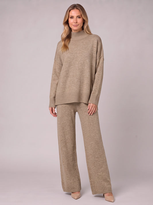 Mastone Turtleneck Wide-Leg Lounge Set – Oversized Chunky Knit Two Piece Women Sweater Pants Co-Ord Set