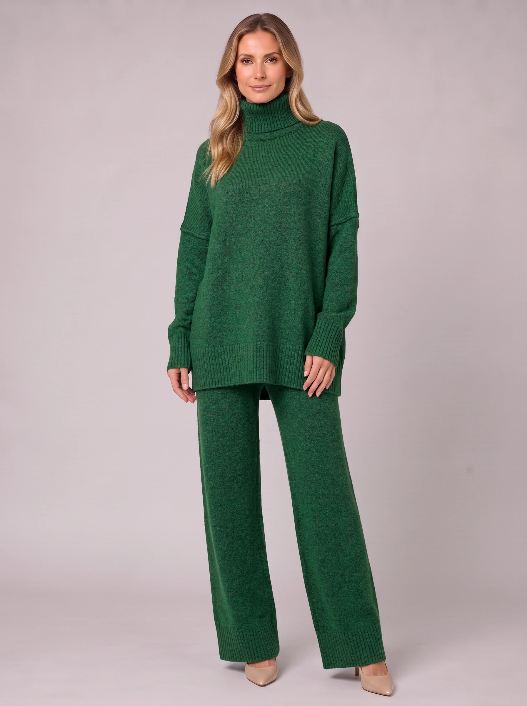 Mastone Turtleneck Wide-Leg Lounge Set – Oversized Chunky Knit Two Piece Women Sweater Pants Co-Ord Set