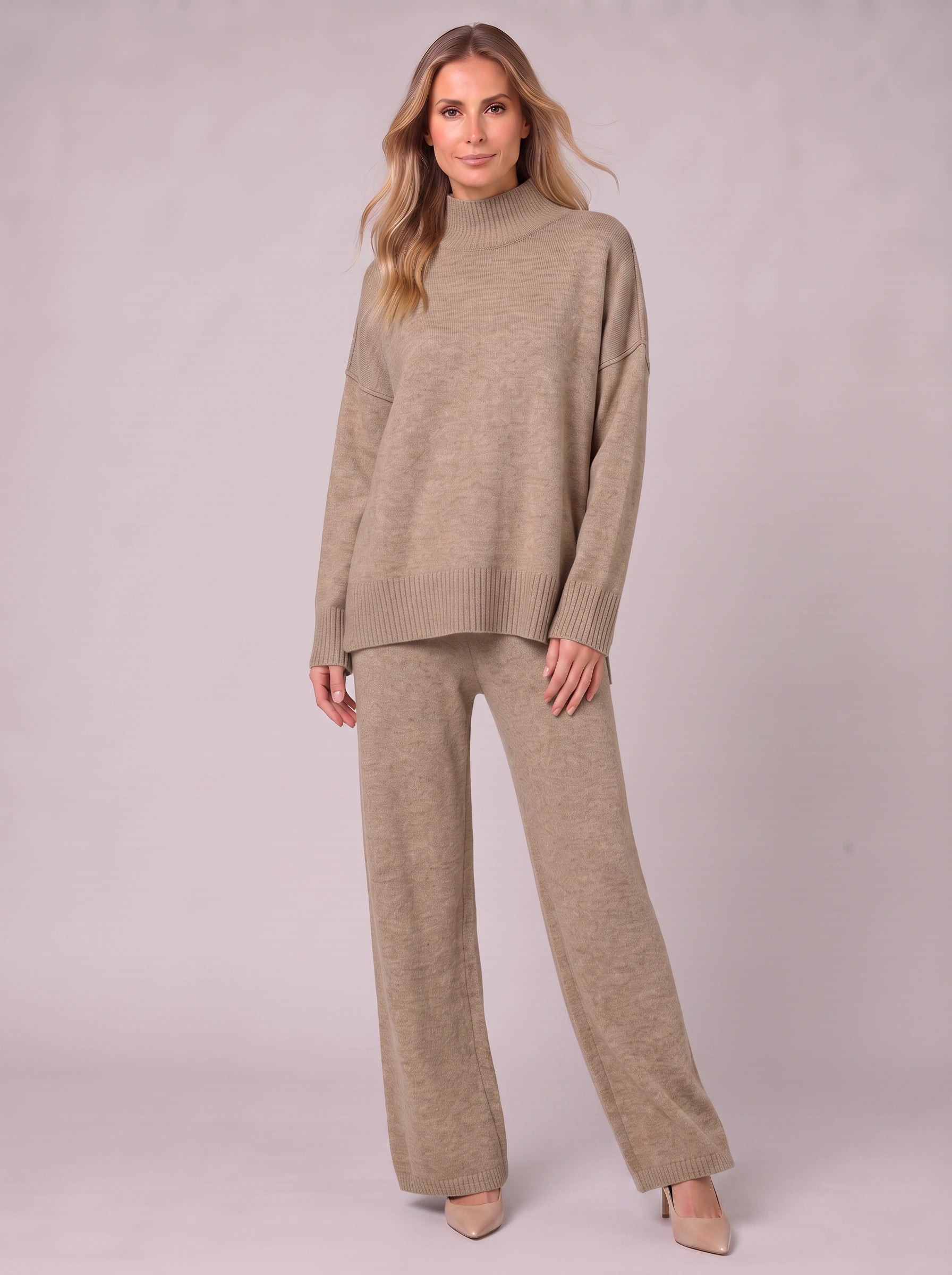 Mastone Turtleneck Wide-Leg Lounge Set – Oversized Chunky Knit Two Piece Women Sweater Pants Co-Ord Set