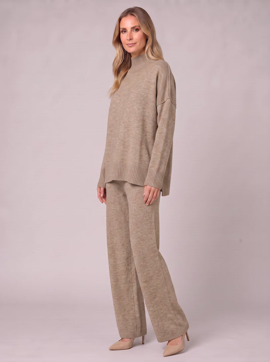 Mastone Turtleneck Wide-Leg Lounge Set – Oversized Chunky Knit Two Piece Women Sweater Pants Co-Ord Set