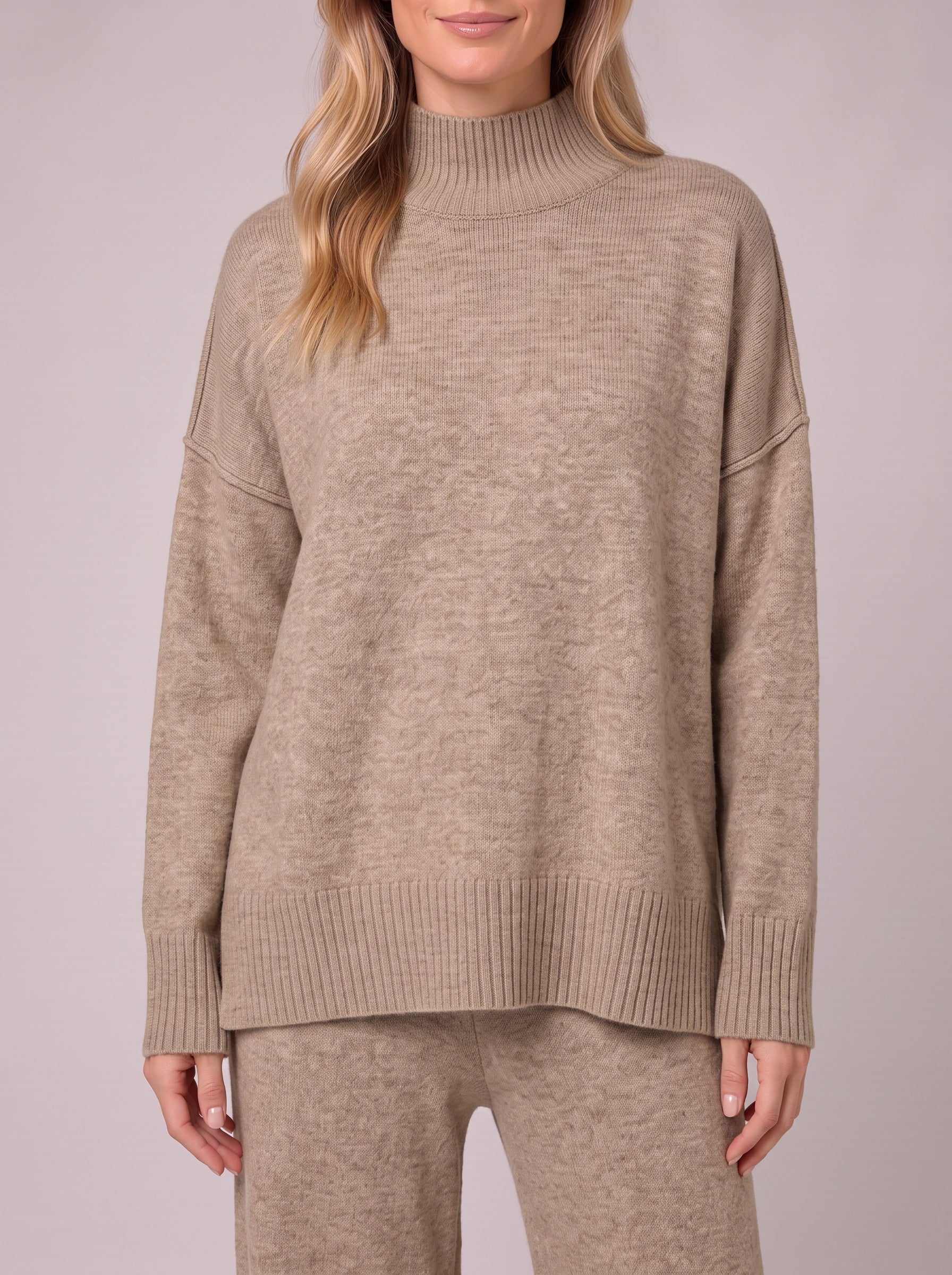 Mastone Turtleneck Wide-Leg Lounge Set – Oversized Chunky Knit Two Piece Women Sweater Pants Co-Ord Set