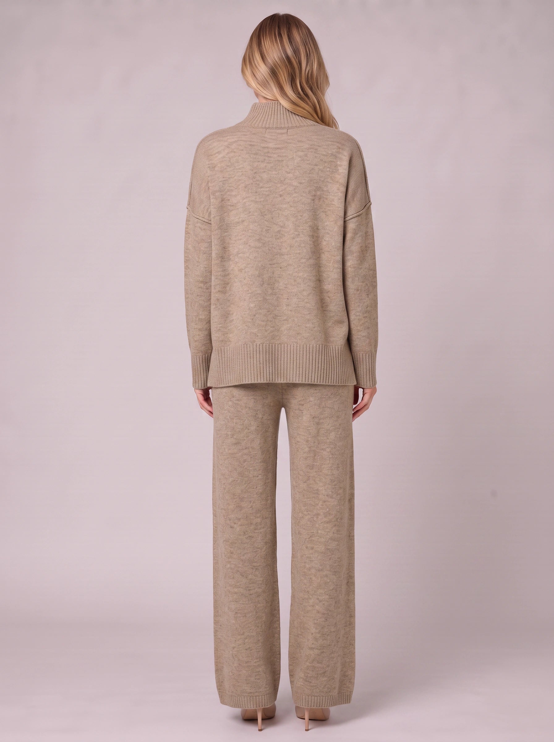 Mastone Turtleneck Wide-Leg Lounge Set – Oversized Chunky Knit Two Piece Women Sweater Pants Co-Ord Set
