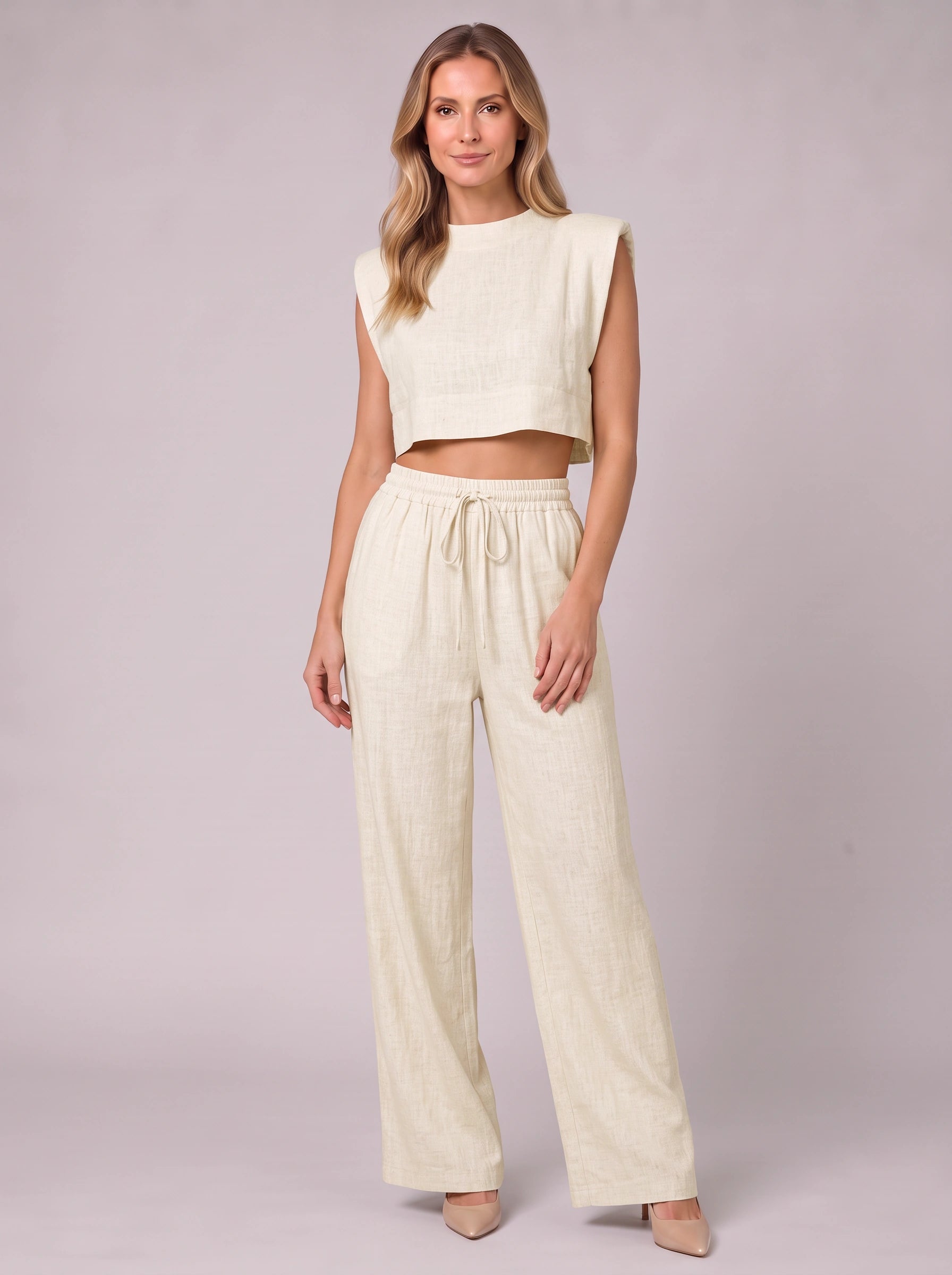 Linaro Side-Tie Crop Top Wide-Leg Pants Set – Two Piece Matching Outfit Women Summer Linen Lounge Casual