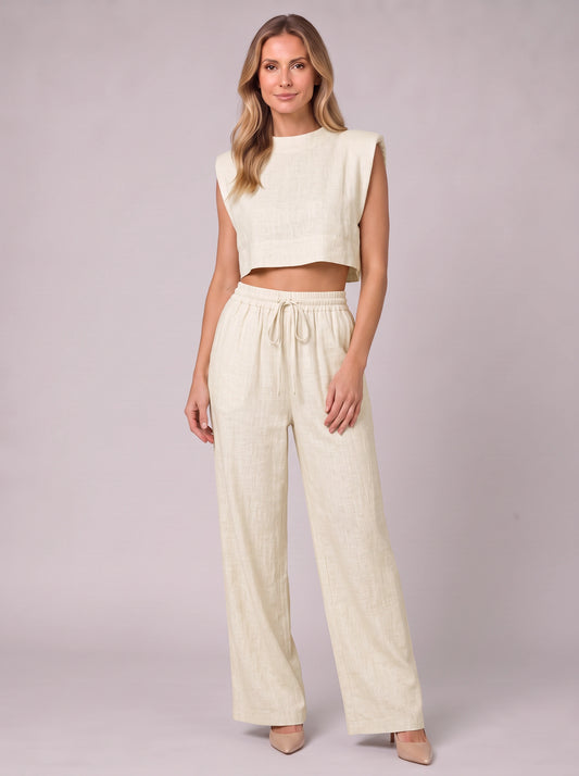 Linaro Side-Tie Crop Top Wide-Leg Pants Set – Two Piece Matching Outfit Women Summer Linen Lounge Casual