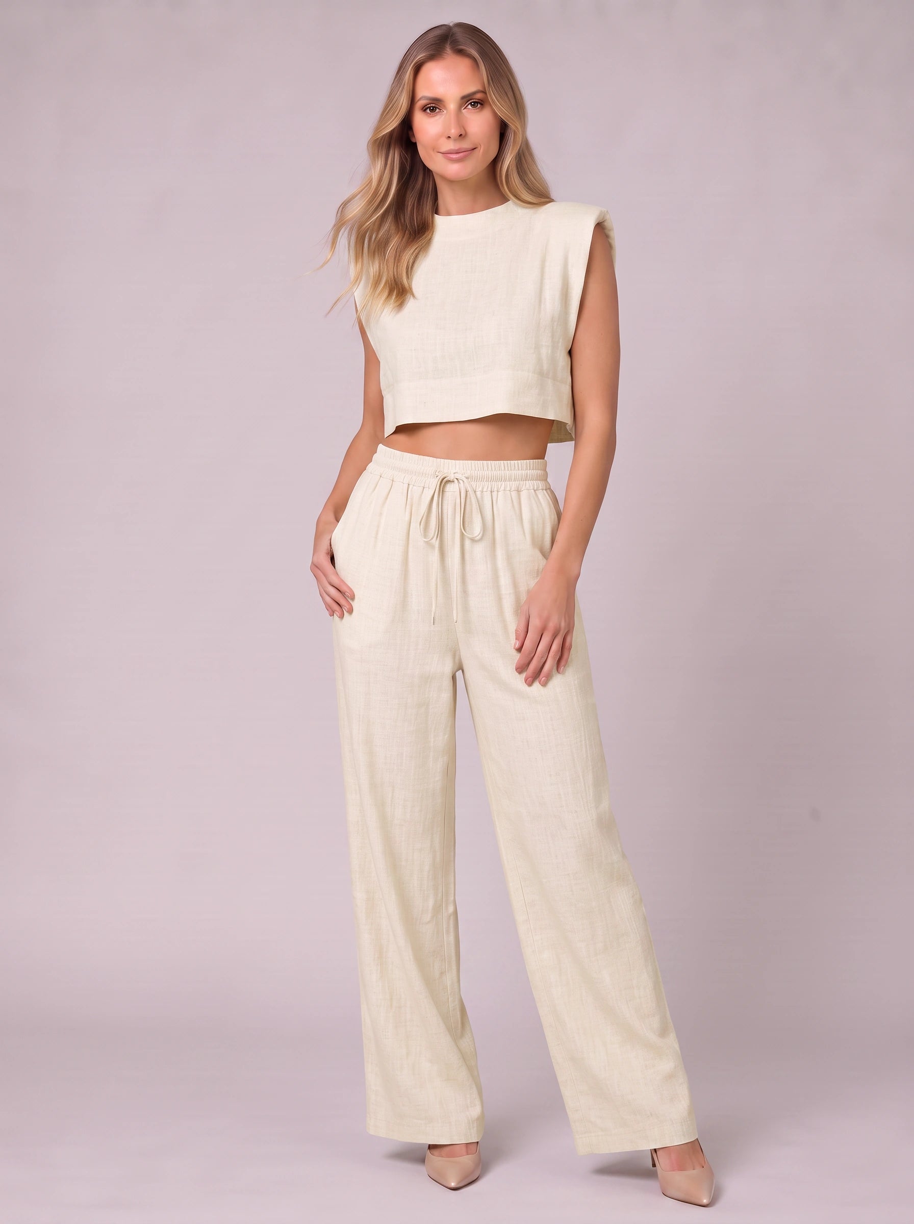 Linaro Side-Tie Crop Top Wide-Leg Pants Set – Two Piece Matching Outfit Women Summer Linen Lounge Casual