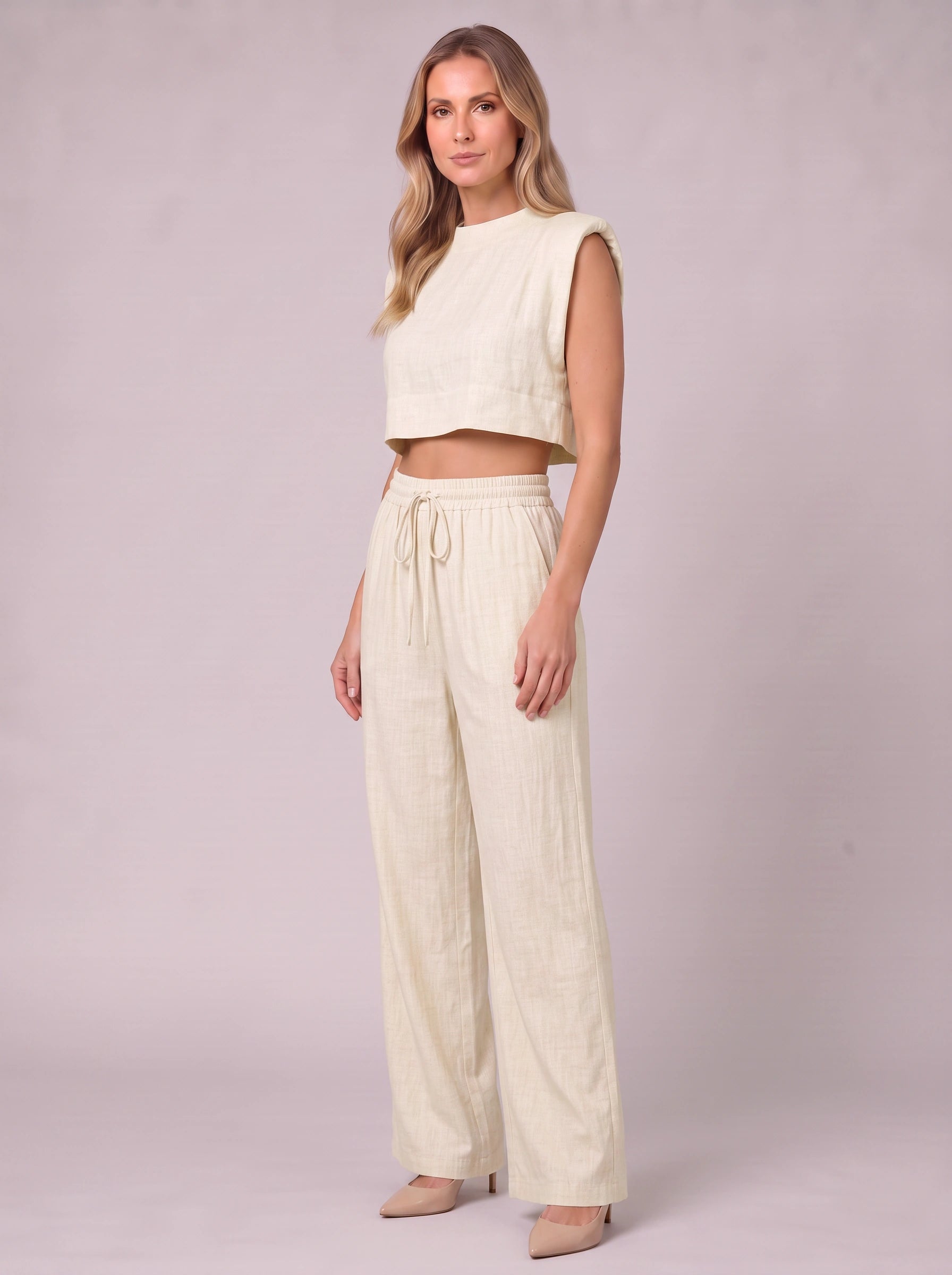 Linaro Side-Tie Crop Top Wide-Leg Pants Set – Two Piece Matching Outfit Women Summer Linen Lounge Casual