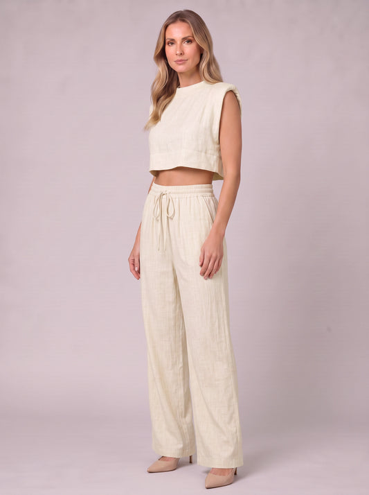 Linaro Side-Tie Crop Top Wide-Leg Pants Set – Two Piece Matching Outfit Women Summer Linen Lounge Casual