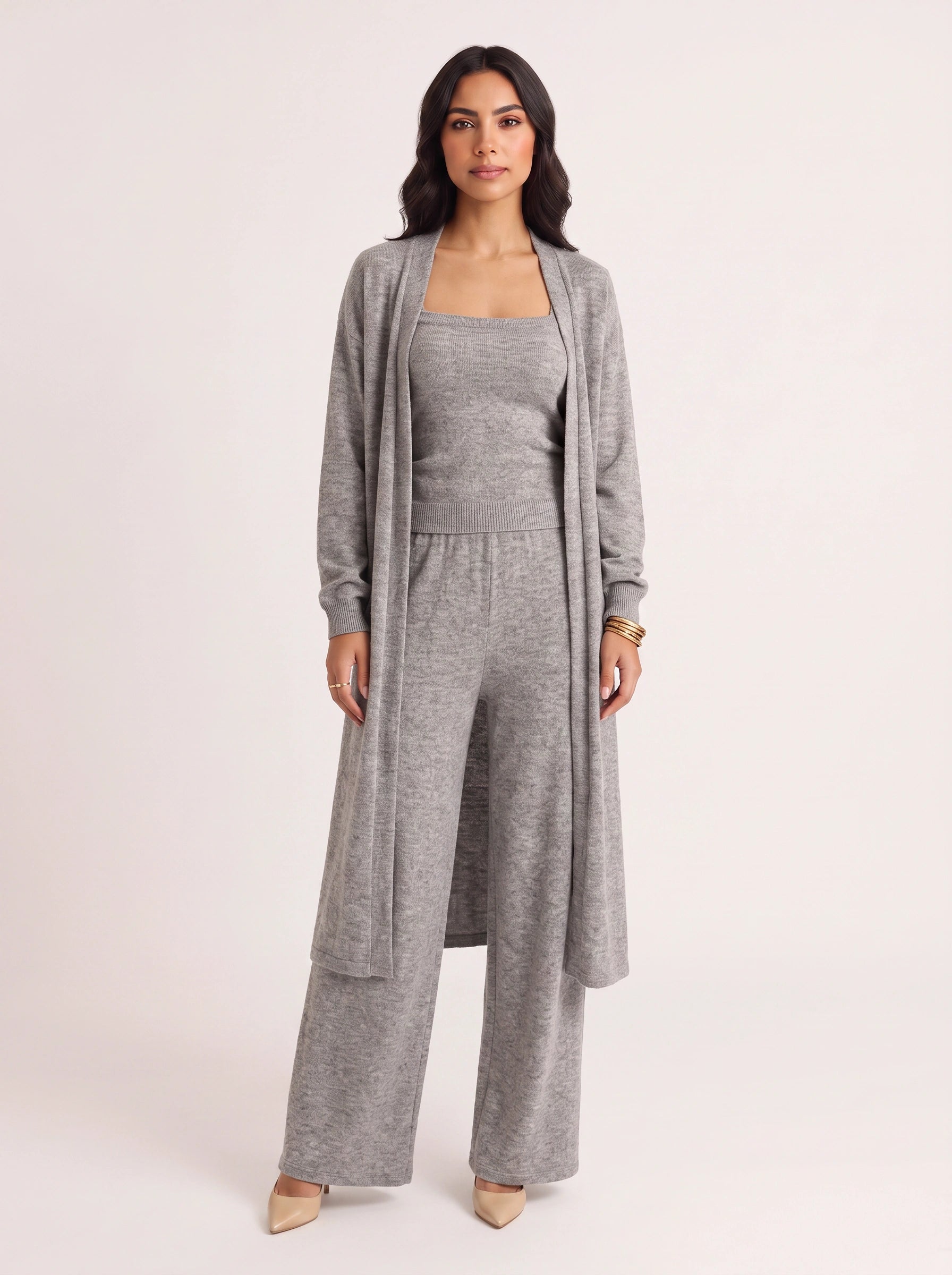 Brumosa Ribbed Bustier Cardigan Trouser Set – Women Knit Lounge Co-Ord Three Piece Casual Trendy Outfits