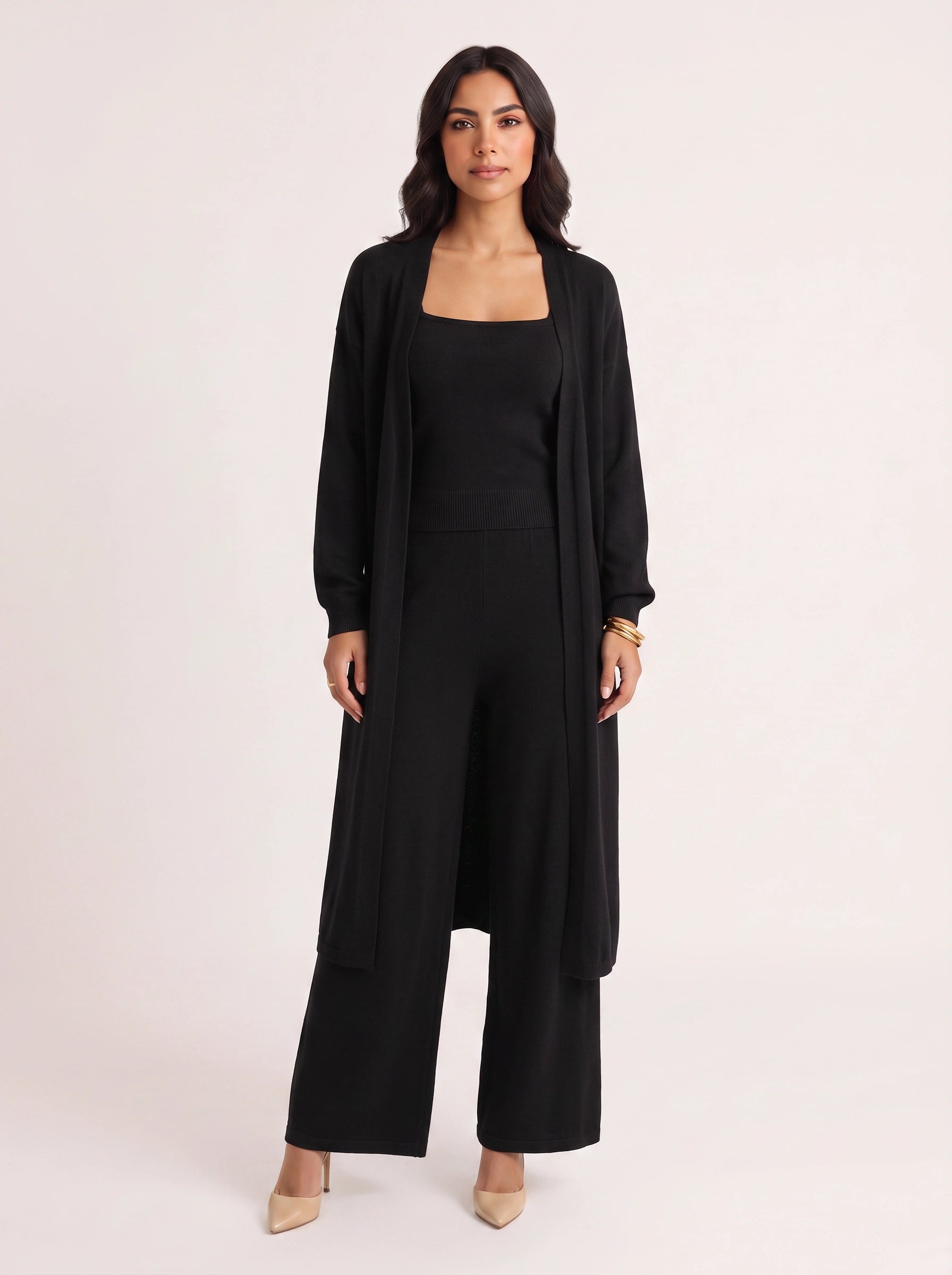 Brumosa Ribbed Bustier Cardigan Trouser Set – Women Knit Lounge Co-Ord Three Piece Casual Trendy Outfits