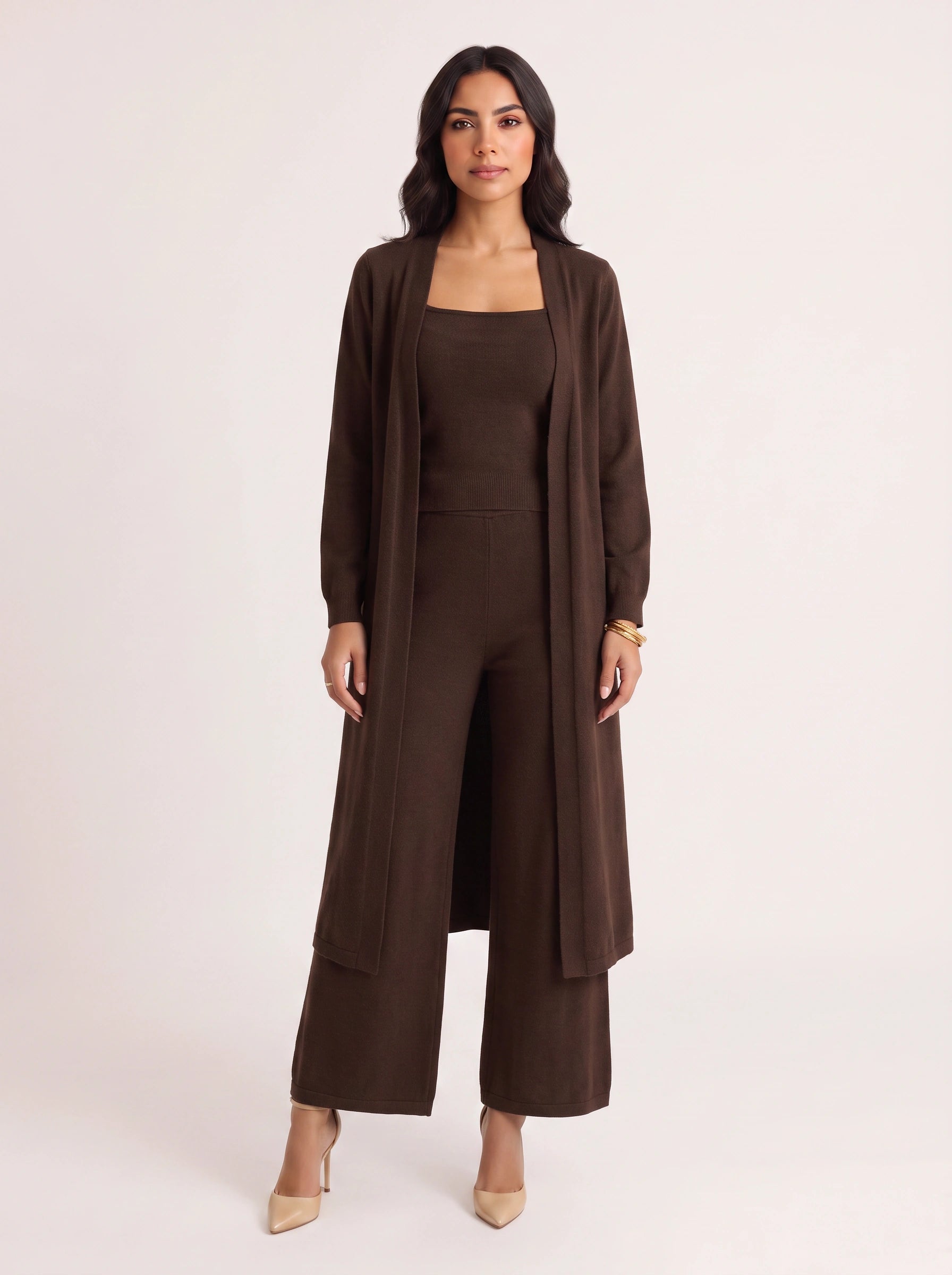 Brumosa Ribbed Bustier Cardigan Trouser Set – Women Knit Lounge Co-Ord Three Piece Casual Trendy Outfits