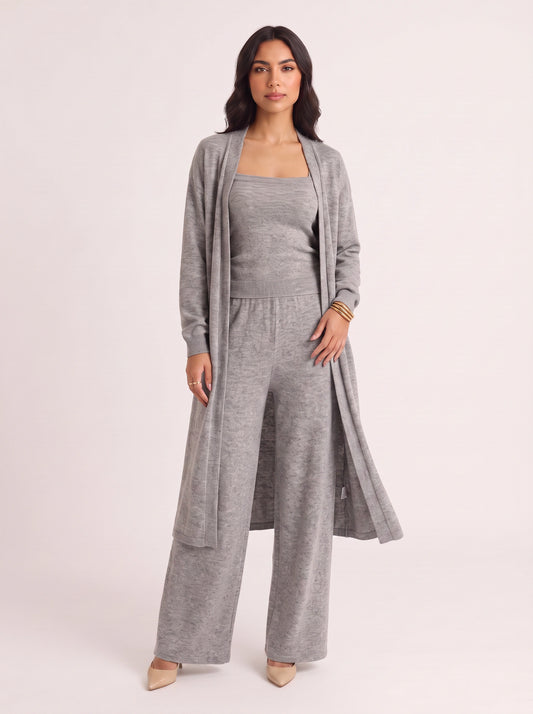 Brumosa Ribbed Bustier Cardigan Trouser Set – Women Knit Lounge Co-Ord Three Piece Casual Trendy Outfits