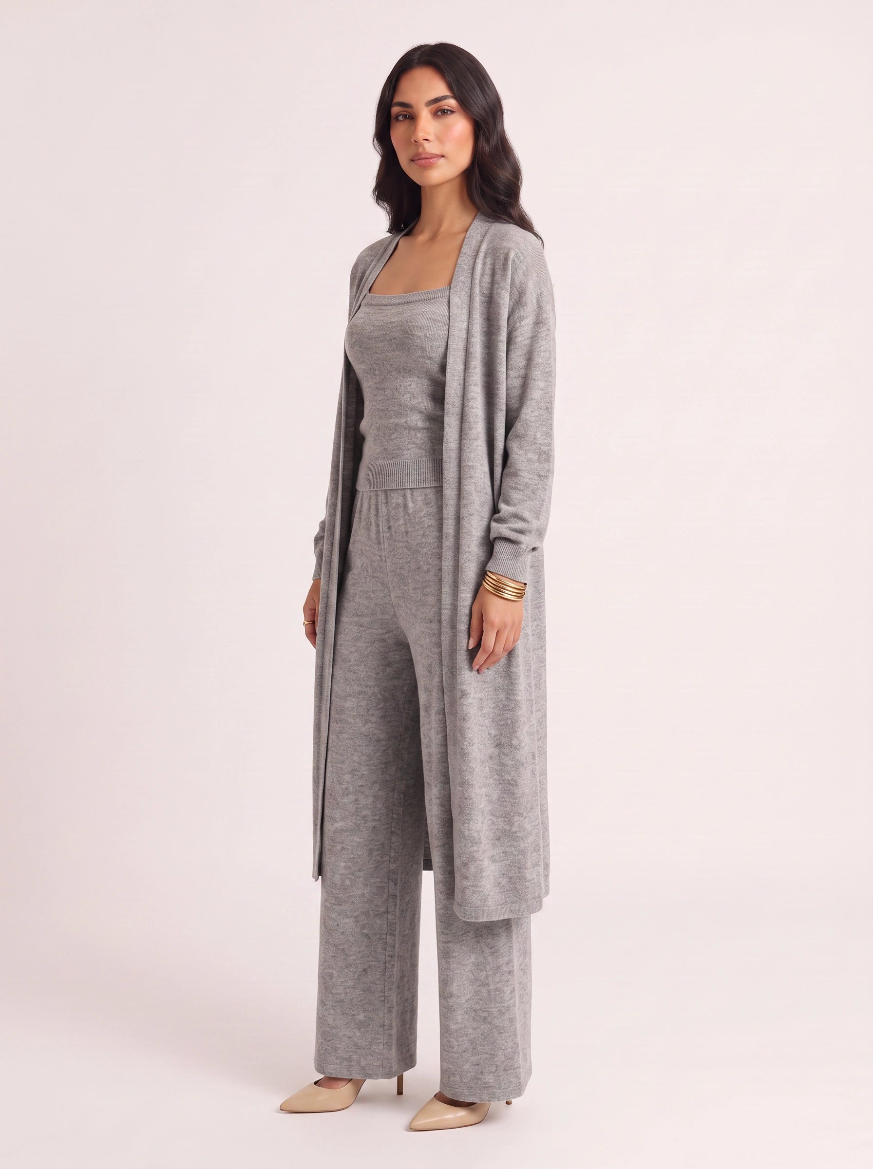 Brumosa Ribbed Bustier Cardigan Trouser Set – Women Knit Lounge Co-Ord Three Piece Casual Trendy Outfits