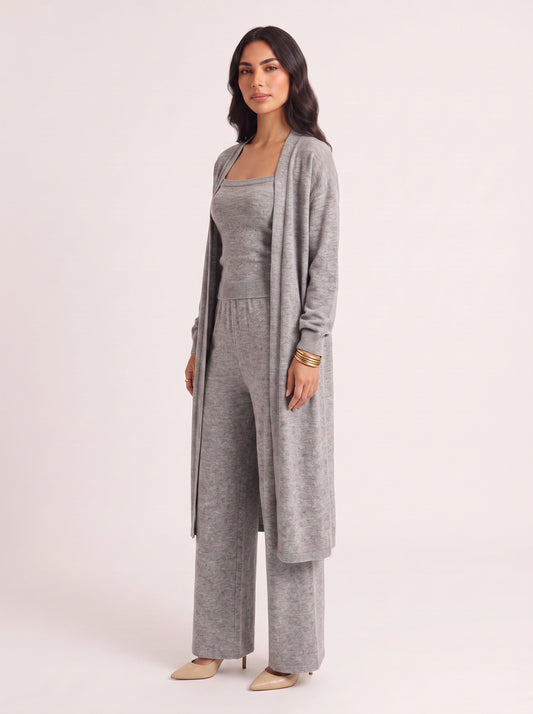 Brumosa Ribbed Bustier Cardigan Trouser Set – Women Knit Lounge Co-Ord Three Piece Casual Trendy Outfits