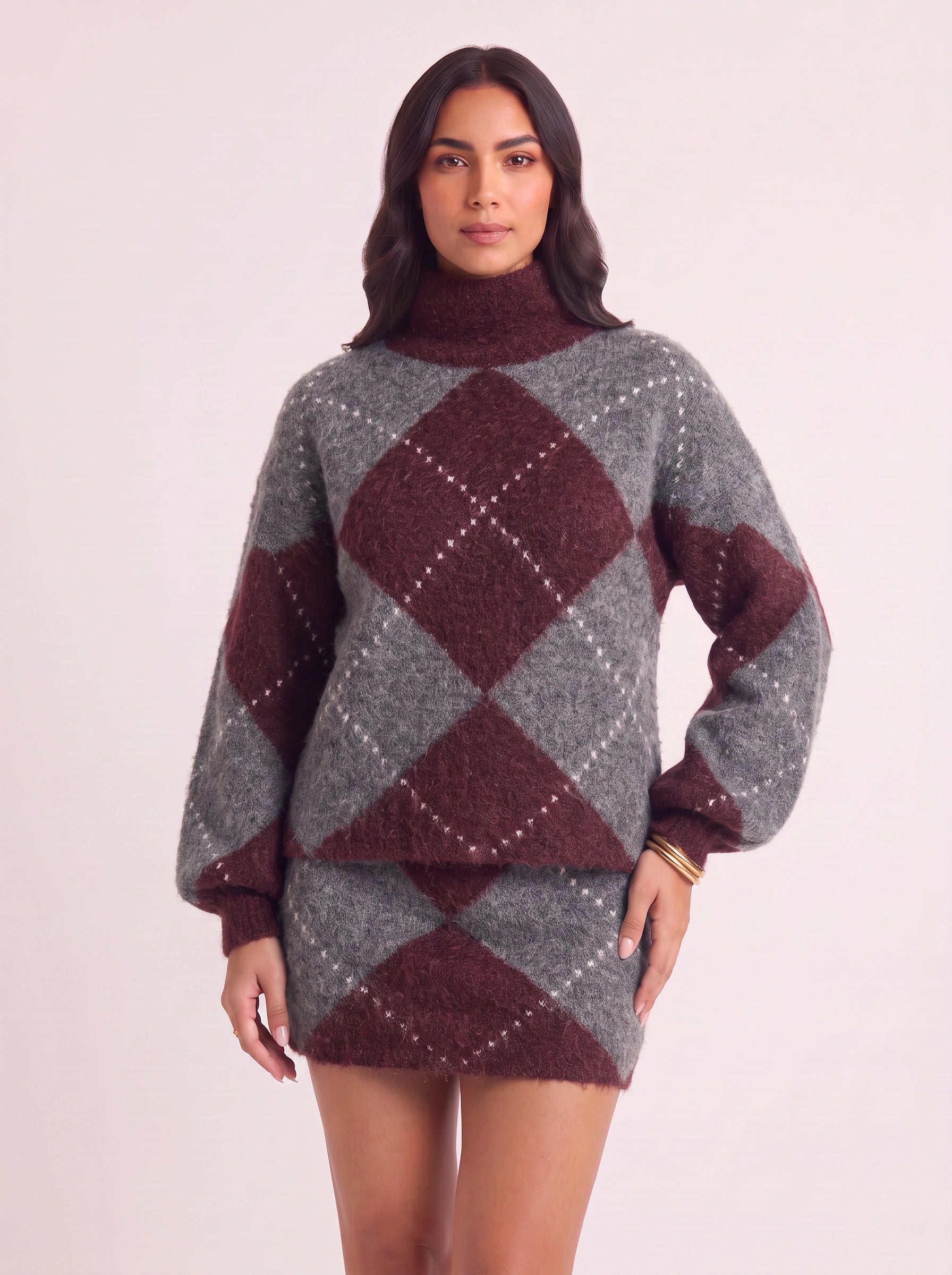 Rombia Argyle Turtleneck Sweater Dress – Mini Dress Women Knit Wool Blend Long Sleeve Oversized Sweater