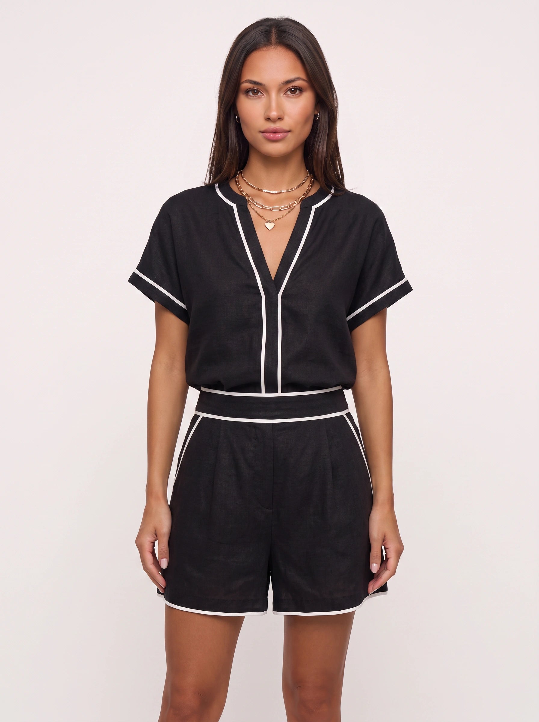 Rimline Contrast Trim Top Short Co-Ord Set – Two Piece Matching Set Women Summer Casual Loungewear Resort Top Short Set