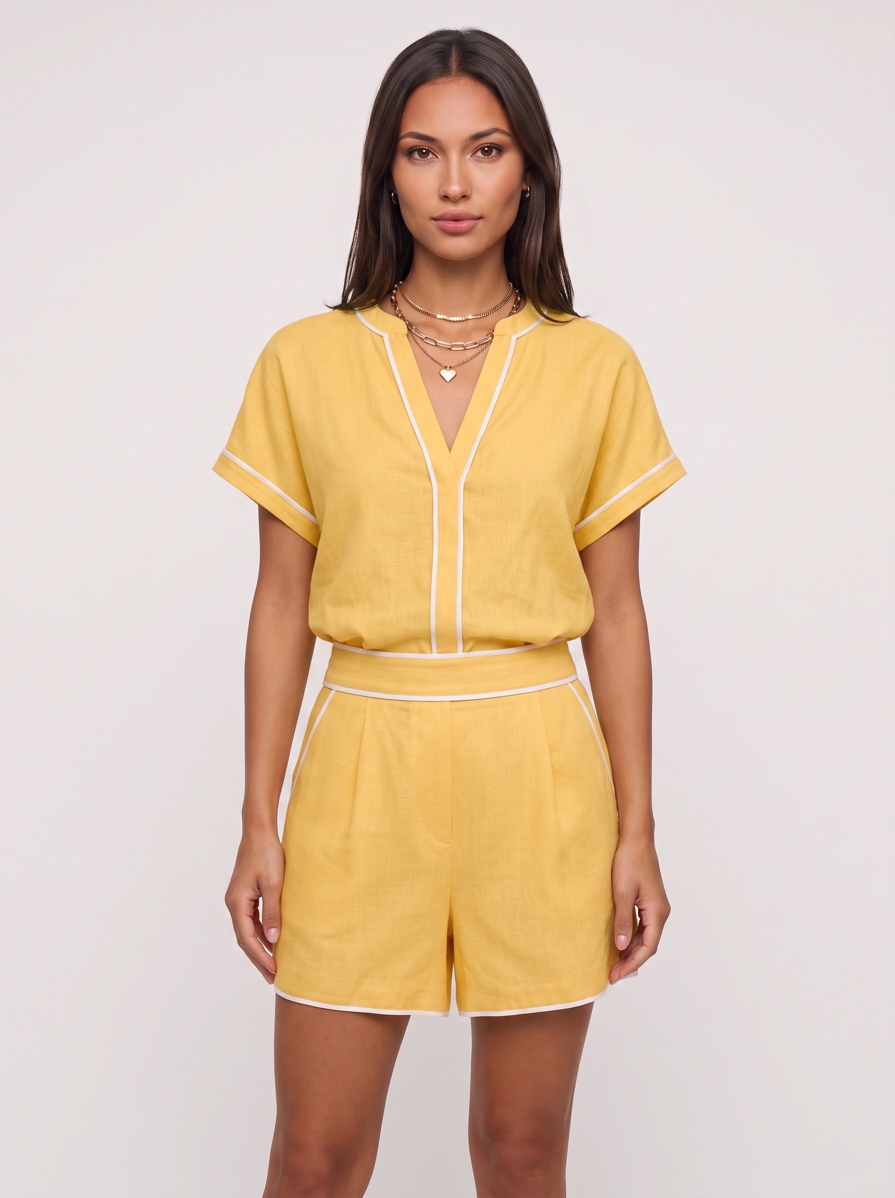 Rimline Contrast Trim Top Short Co-Ord Set – Two Piece Matching Set Women Summer Casual Loungewear Resort Top Short Set