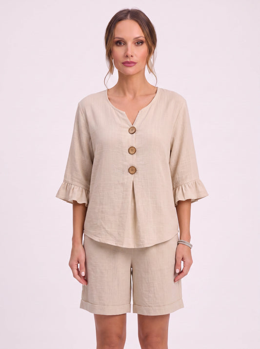 Linora Button-Front Ruffle Sleeve Lounge Set – Two Piece Sets Women Casual Loungewear Cotton Pajama Sets