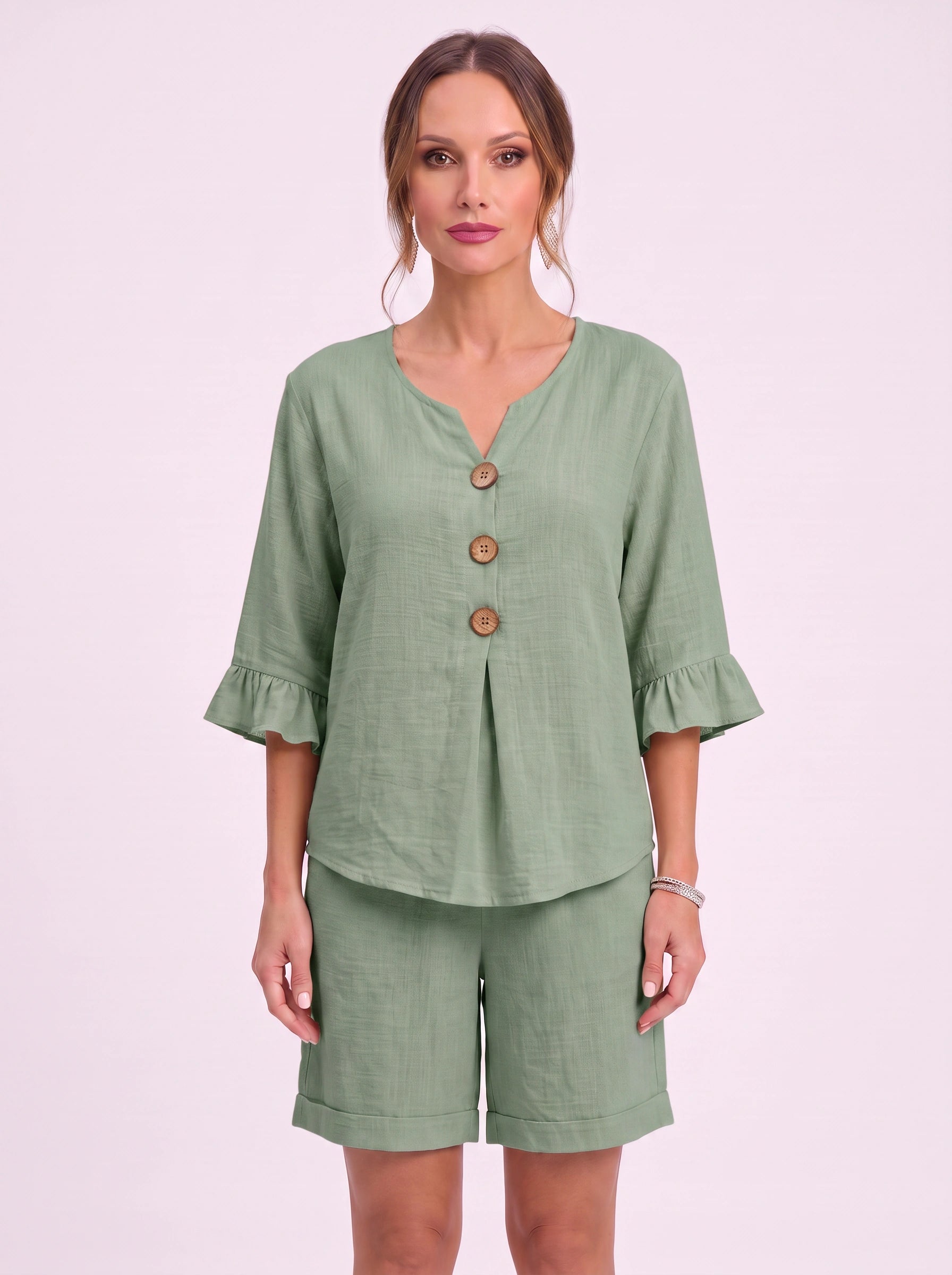 Linora Button-Front Ruffle Sleeve Lounge Set – Two Piece Sets Women Casual Loungewear Cotton Pajama Sets