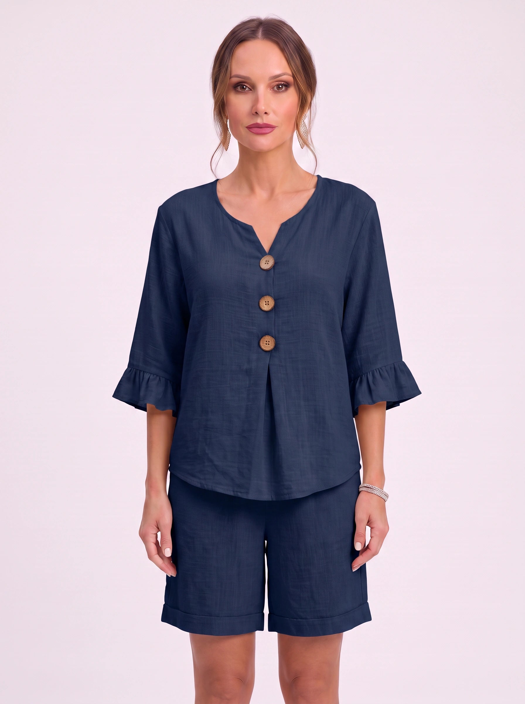 Linora Button-Front Ruffle Sleeve Lounge Set – Two Piece Sets Women Casual Loungewear Cotton Pajama Sets