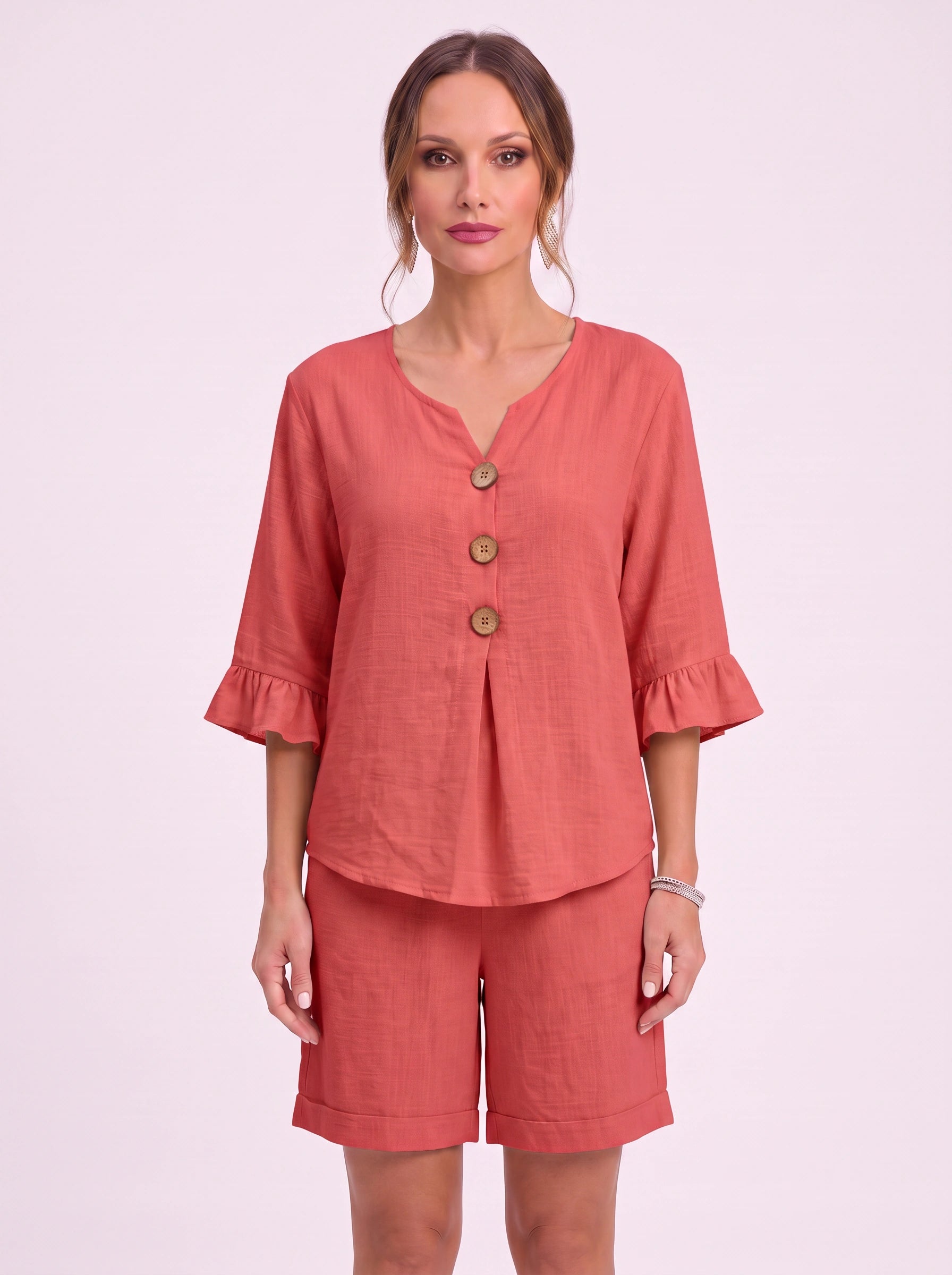Linora Button-Front Ruffle Sleeve Lounge Set – Two Piece Sets Women Casual Loungewear Cotton Pajama Sets